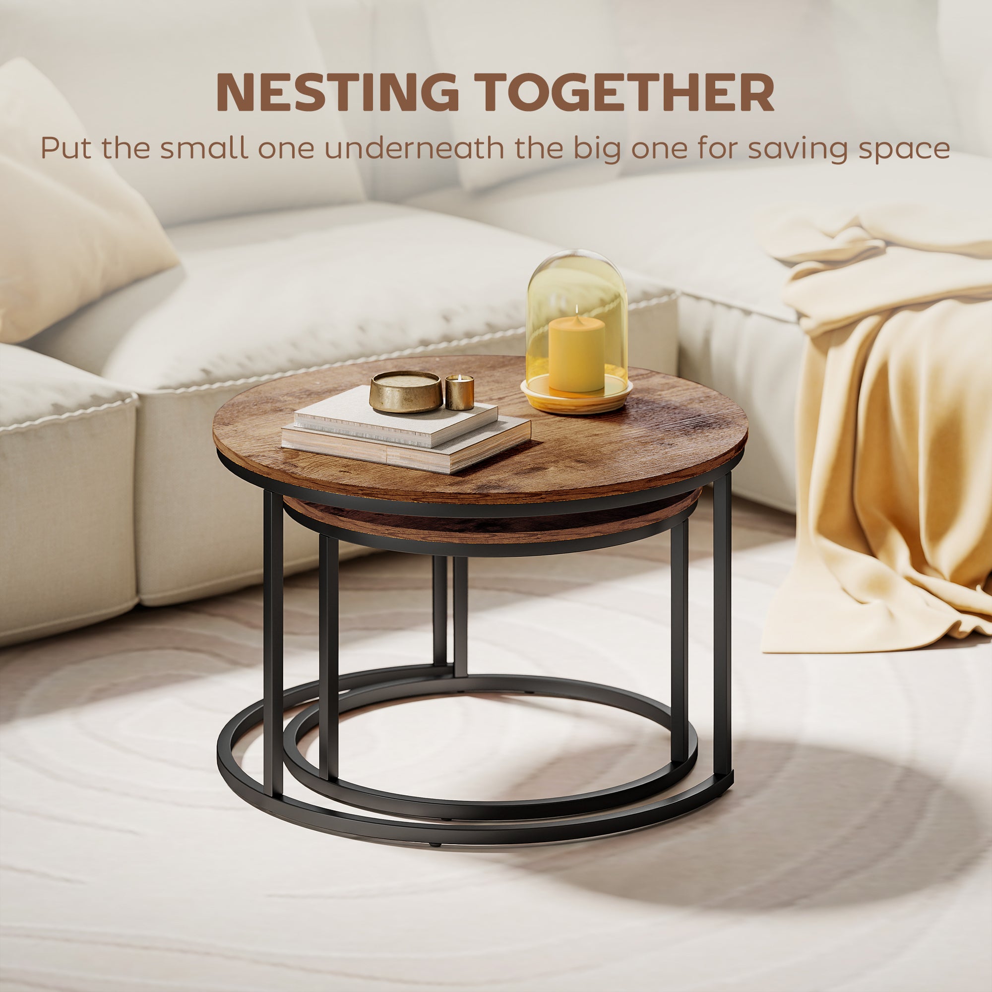 Kozy Coffee Table Set of 2, Round Nest of Tables with Metal Frame, Modern Side Tables for Living Room, Rustic Brown