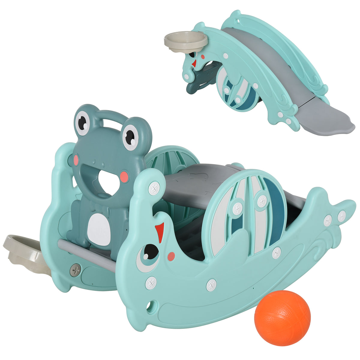 Kozy 3-in-1 Baby Rocking Horse Portable Slide Basketball Hoop Equipment Indoor Outdoor Playground Toy, Age 18-36 Months, Green