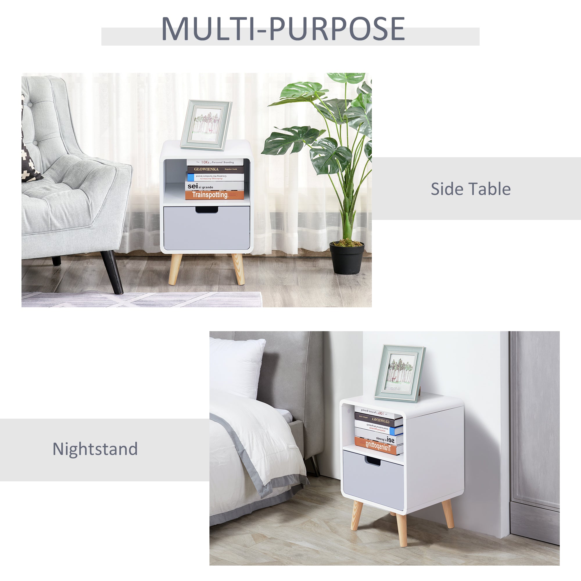 HOMCOM Bedside Cabinet in Scandinavian Design, Storage Nightstand with Drawer, White/Grey/Natural, 40Lx38Wx58H cm