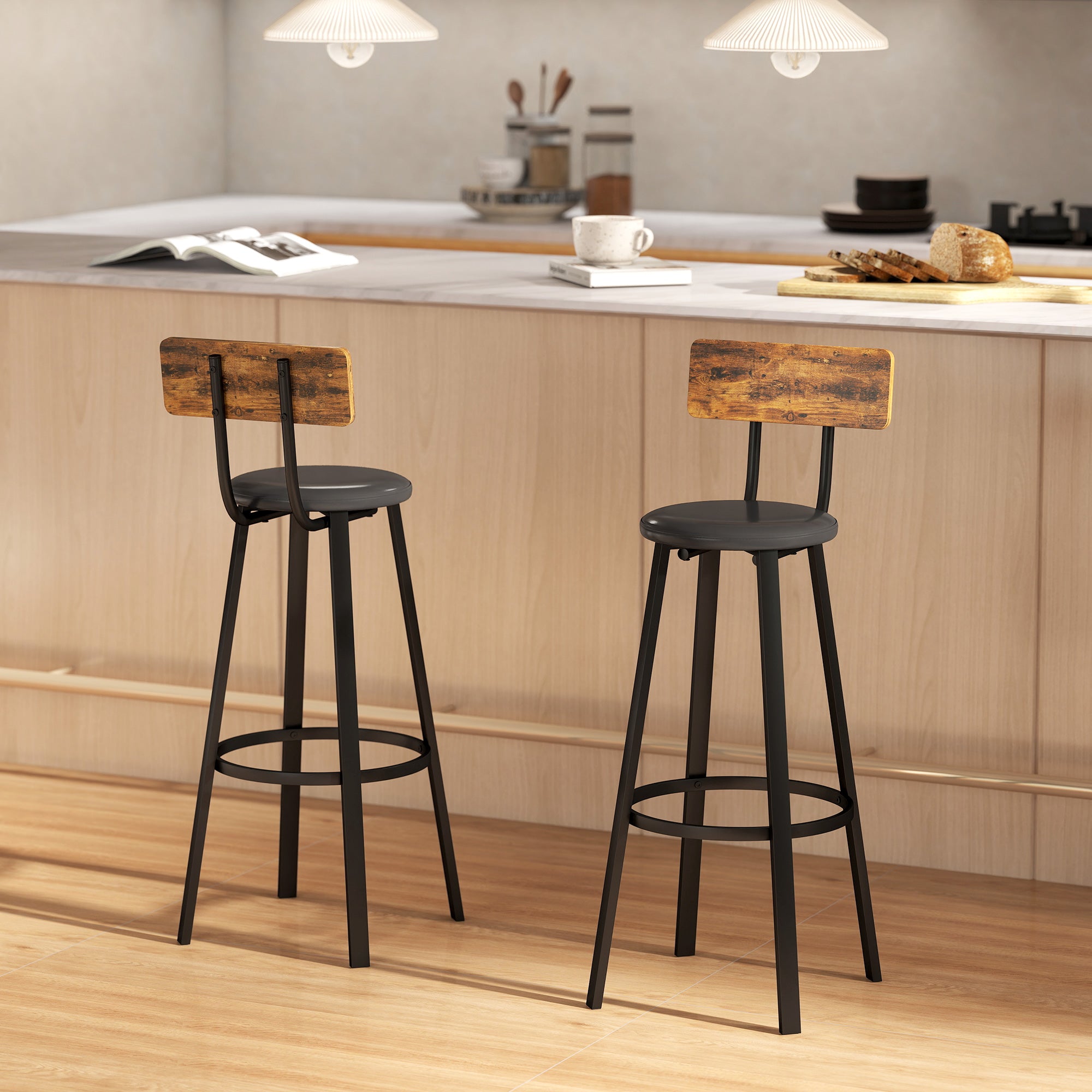 Kozy Upholstered Bar Stools Set of 2 with Backrest and Footrest - Rustic Brown and Black