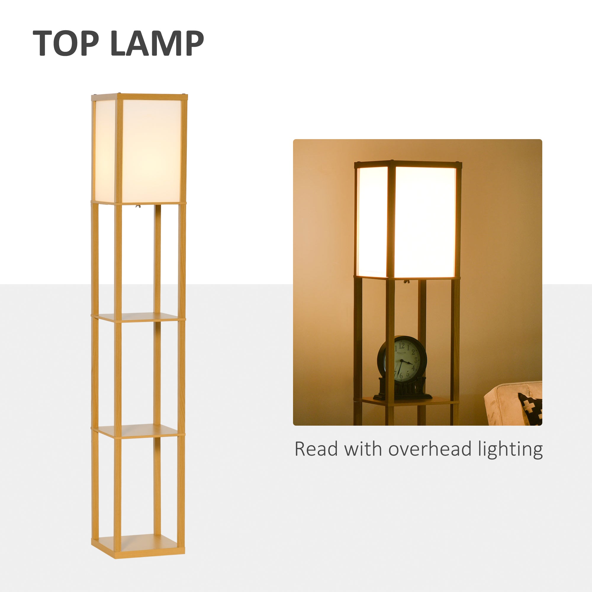 Kozy 3-Tier Floor Lamp, Floor Light with Storage Shelf, Reading Standing Lamp with Acrylic Shade for Living Room, Bedroom, Kitchen, Dining Room, Office, Dorm, 160cm, Natural