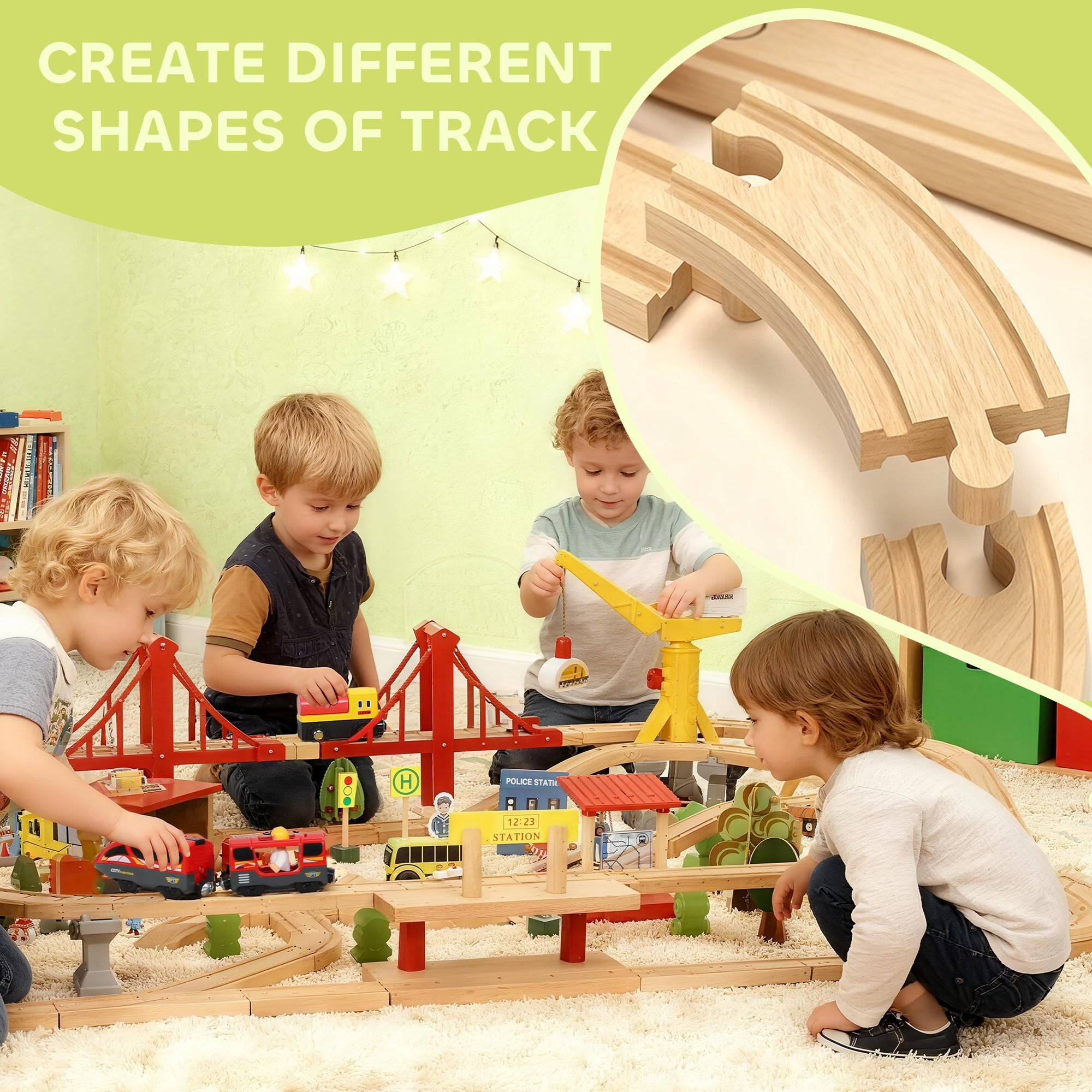 Kozy 133-Piece Wooden Train Set, Toy Train with Crane, Storage Box, for Kids Ages 3+