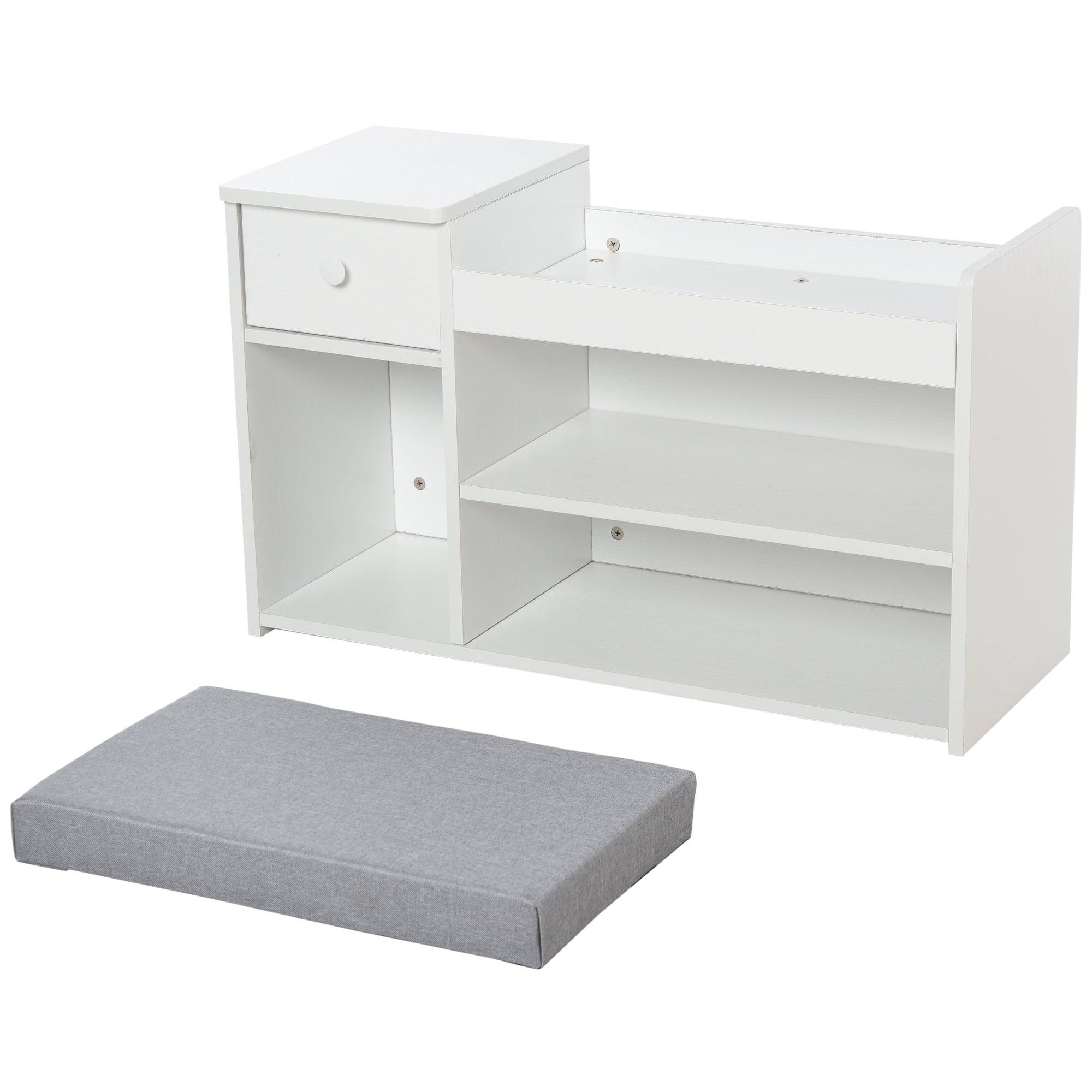 HOMCOM Shoe Storage Bench with Drawer, Cushioned Seat, 3 Compartments for Home Organisation, Hallway Entryway Furniture, White