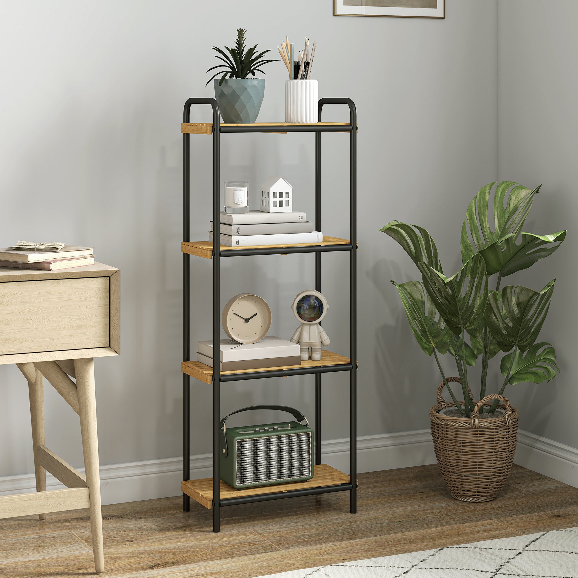 Kozy - 4-Tier Bamboo Bathroom Storage Shelf, Freestanding Narrow Shelving Unit with Slatted Shelves for Kitchen Bathroom Living Room, 41.5 x 21.5 x 106 cm, Natural and Black