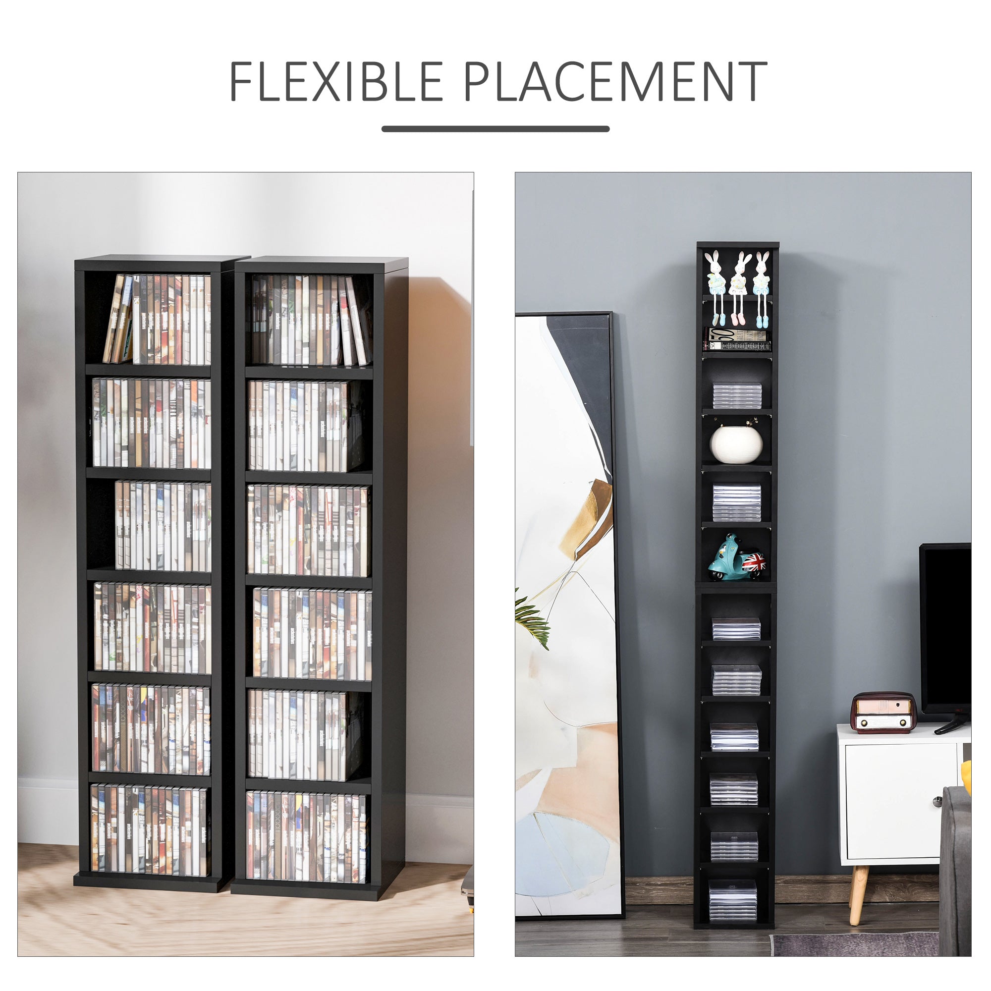 Kozy 204 CD Media Display Shelf Unit Set of 2 Blu-Ray Tower Rack w/ Adjustable Shelves Bookcase Storage Organiser, Black