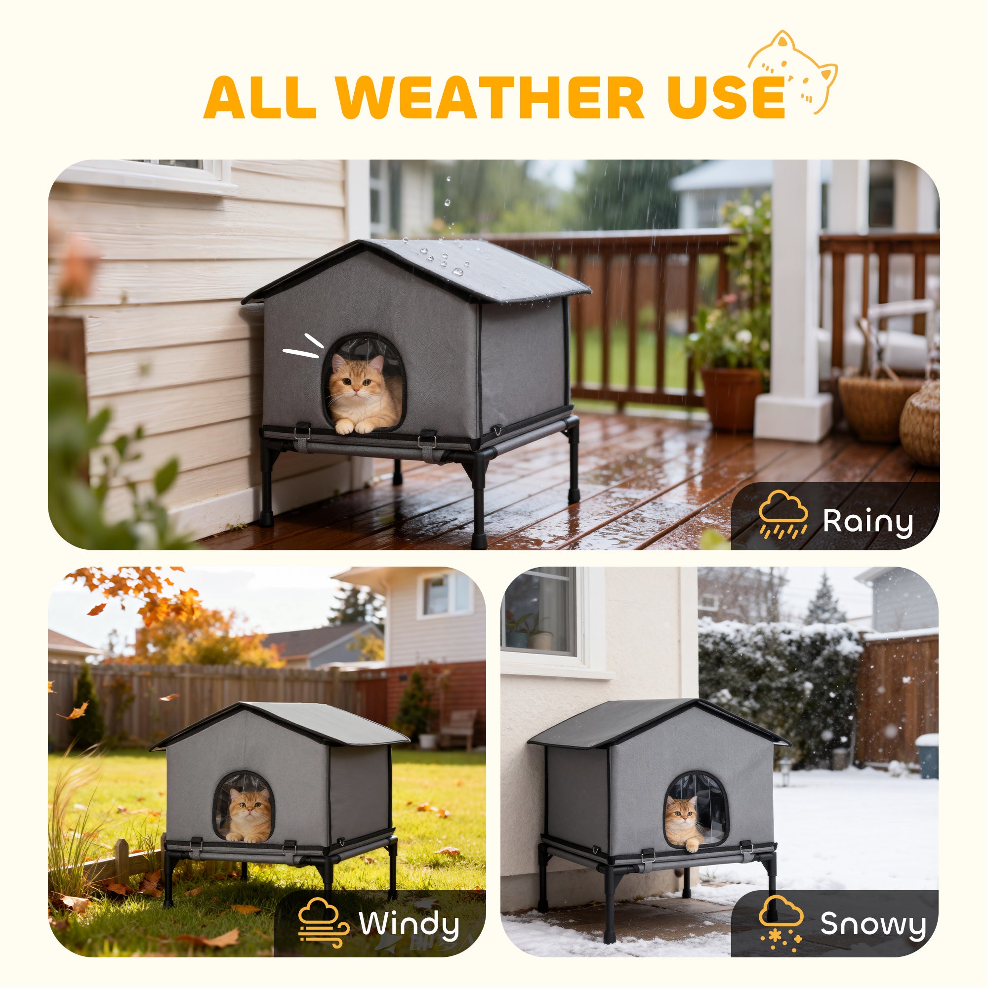 Kozy Outdoor Cat House, Waterproof Insulated Cat Kennel with Elevated Base, Foldable Feral Kitty Shelter for Kittens, Grey