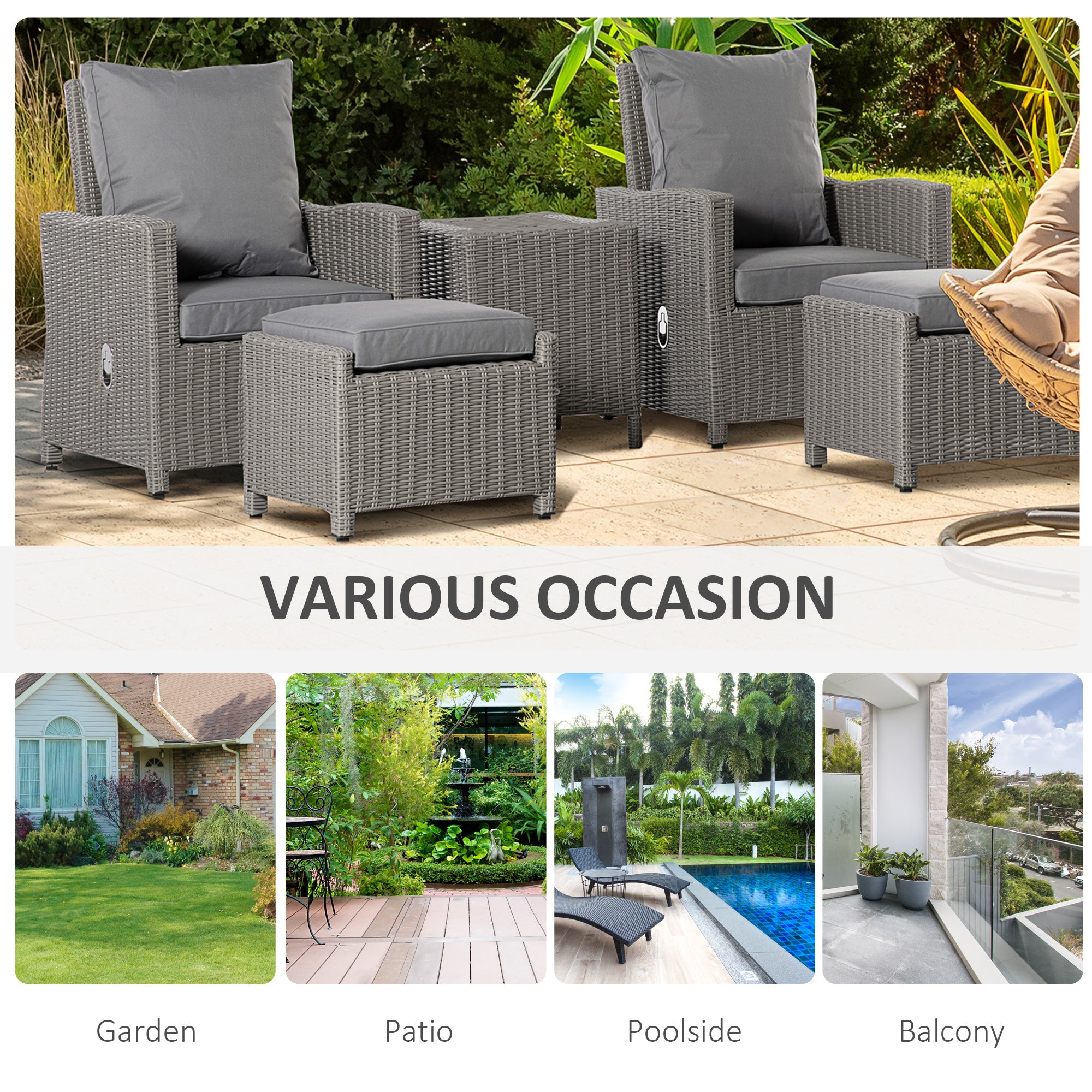 Kozy 5 Pieces Outdoor PE Rattan Garden Furniture with Cushions, Patio Lounge Adjustable Backrest Chairs, Footstools and Cooler Bar Coffee Table & Cover, Grey
