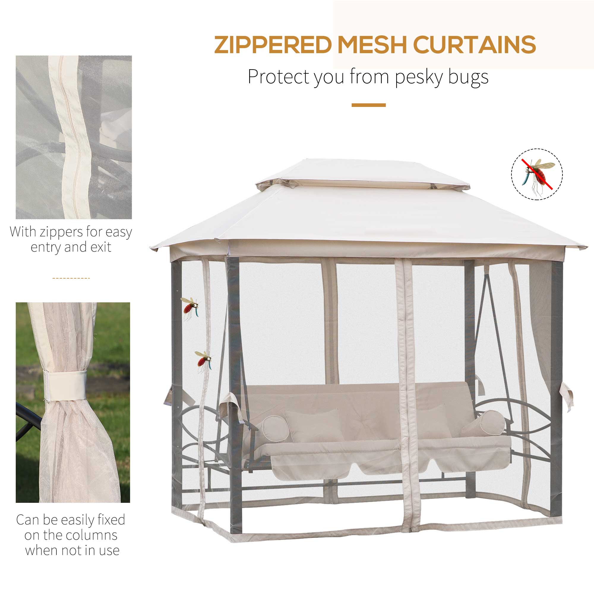 Kozy 2-in-1 Convertible Gazebo Swing Chair Bed W/Netting, 245Lx165Wx243H cm-Beige/Black