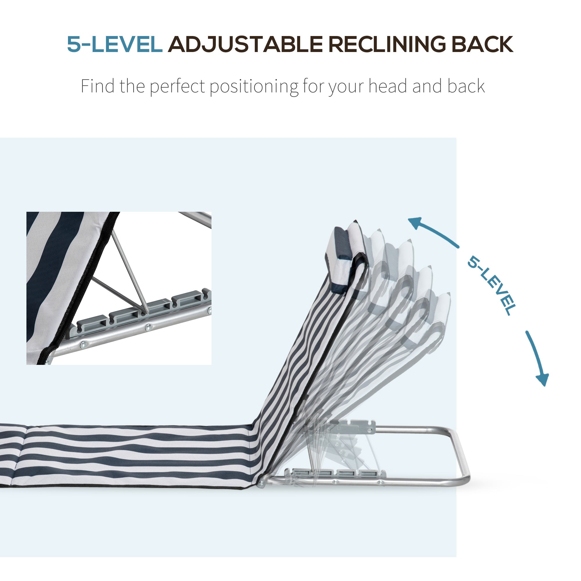 Kozy Set of 2 Foldable Garden Beach Chair Mat Lightweight Outdoor Sun Lounger Seats Adjustable Back Metal Frame PE Fabric Head Pillow w/ Carry Bag, Blue