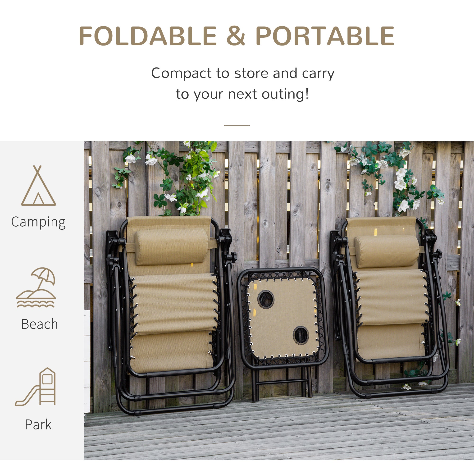 Kozy Folding Zero Gravity Chairs, 3 Pieces Adjustable Sun Lounger and Table Set with Cup Holder and Headrest, Patio Bistro Set with Reclining Garden Chairs for Outdoor, Beige