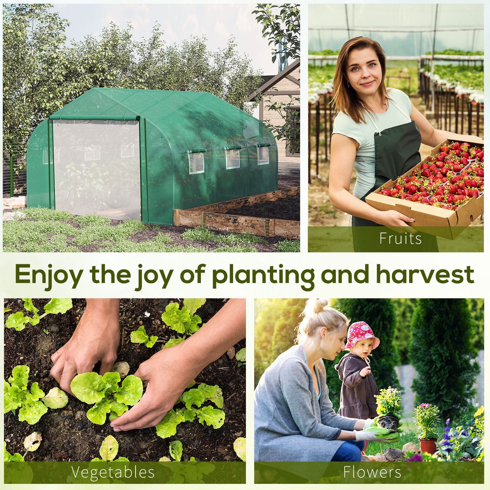 Kozy Walk-in Polytunnel Garden Greenhouse, Outdoor Mesh Door Greenhouse with PE Cover and 6 Windows, 3.5 x 3 x 2m, Green