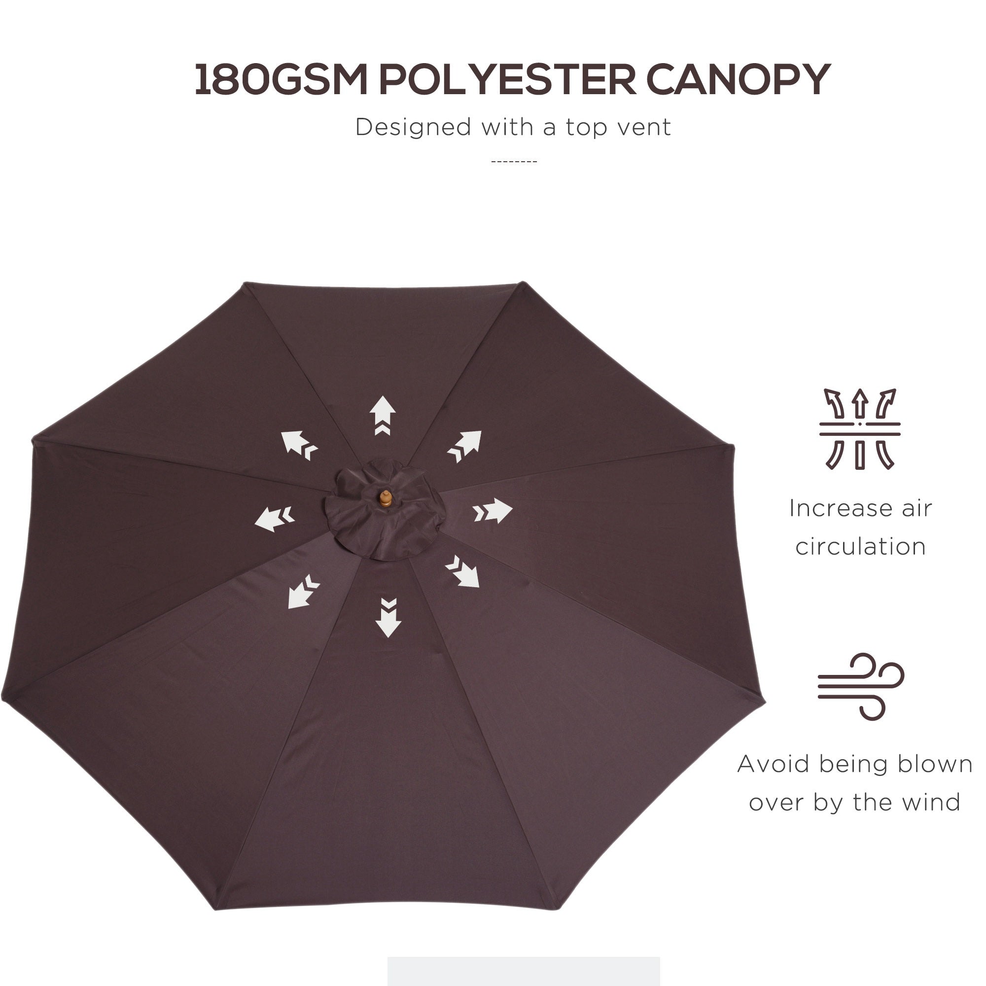 Kozy 3(m) Garden Parasol, Pulley Operated Patio Umbrella, Wooden Parasol, Table Market Umbrella with Rope Pulley Mechanism and 8 Ribs, Coffee