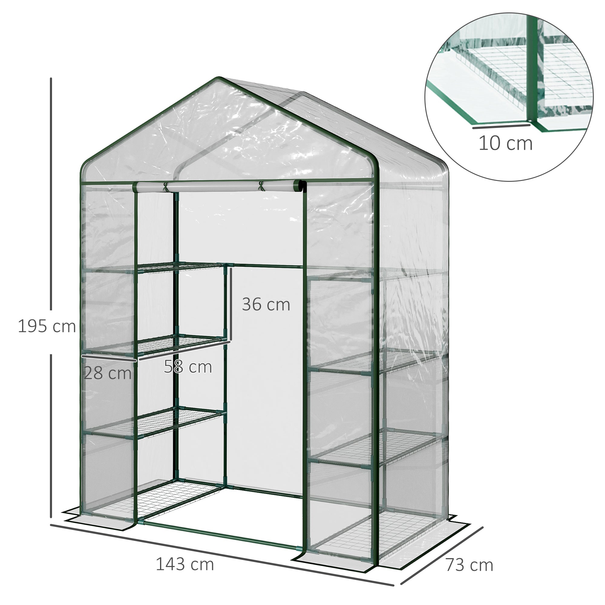 Kozy Walk in Greenhouse with 4-Tier 8 Shelves, Green House with Hemmed Cover, Roll-up Zipped Door, Steel Frame, 143 x 73 x 195cm