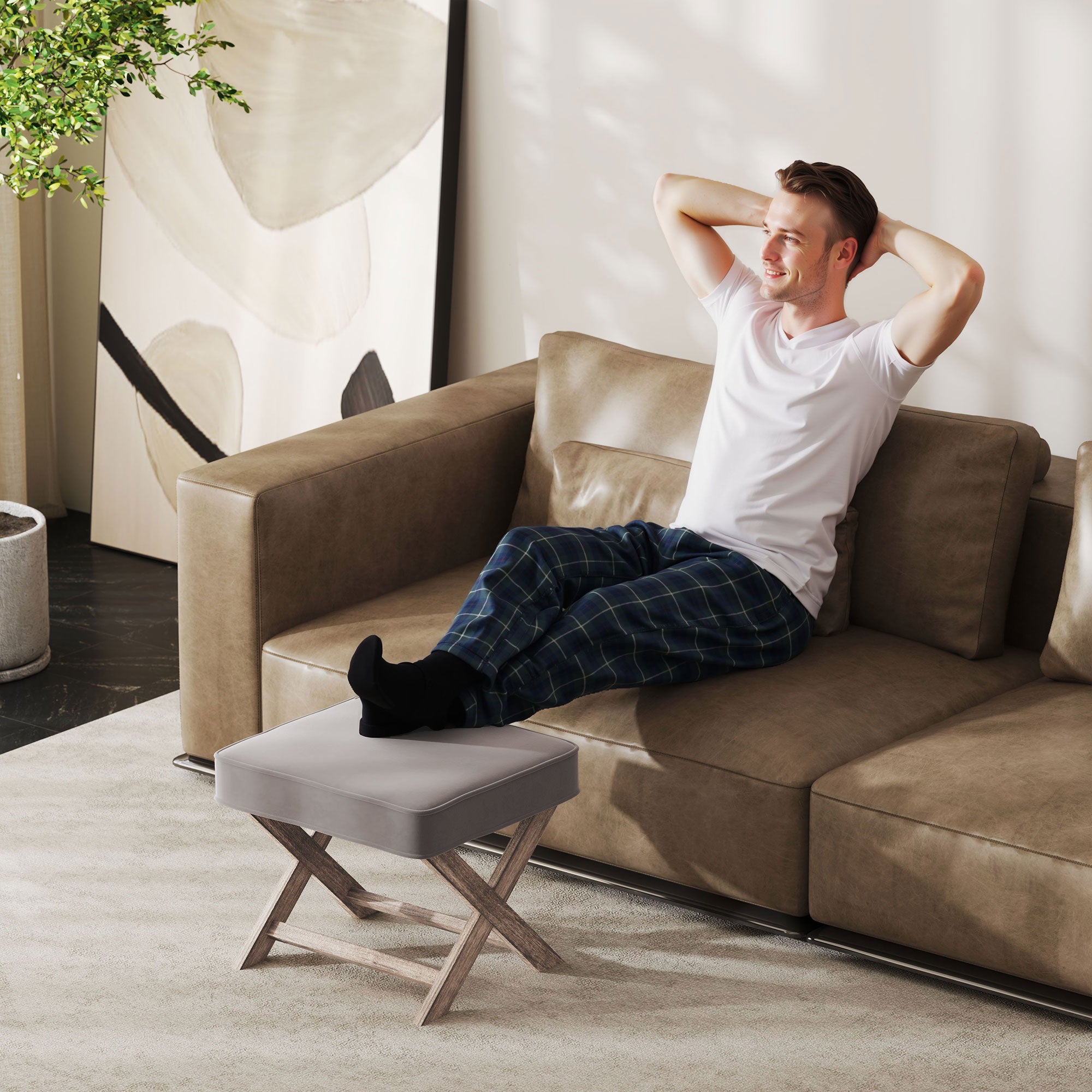 Kozy Vintage Footstool Padded Seat X Leg Chair Velvet Cover Shabby Chic Footrest Solid Rubber Wood Frame 49.5 x 45 x 41 cm Grey