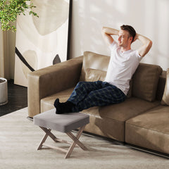 Kozy Vintage Footstool Padded Seat X Leg Chair Velvet Cover Shabby Chic Footrest Solid Rubber Wood Frame 49.5 x 45 x 41 cm Grey