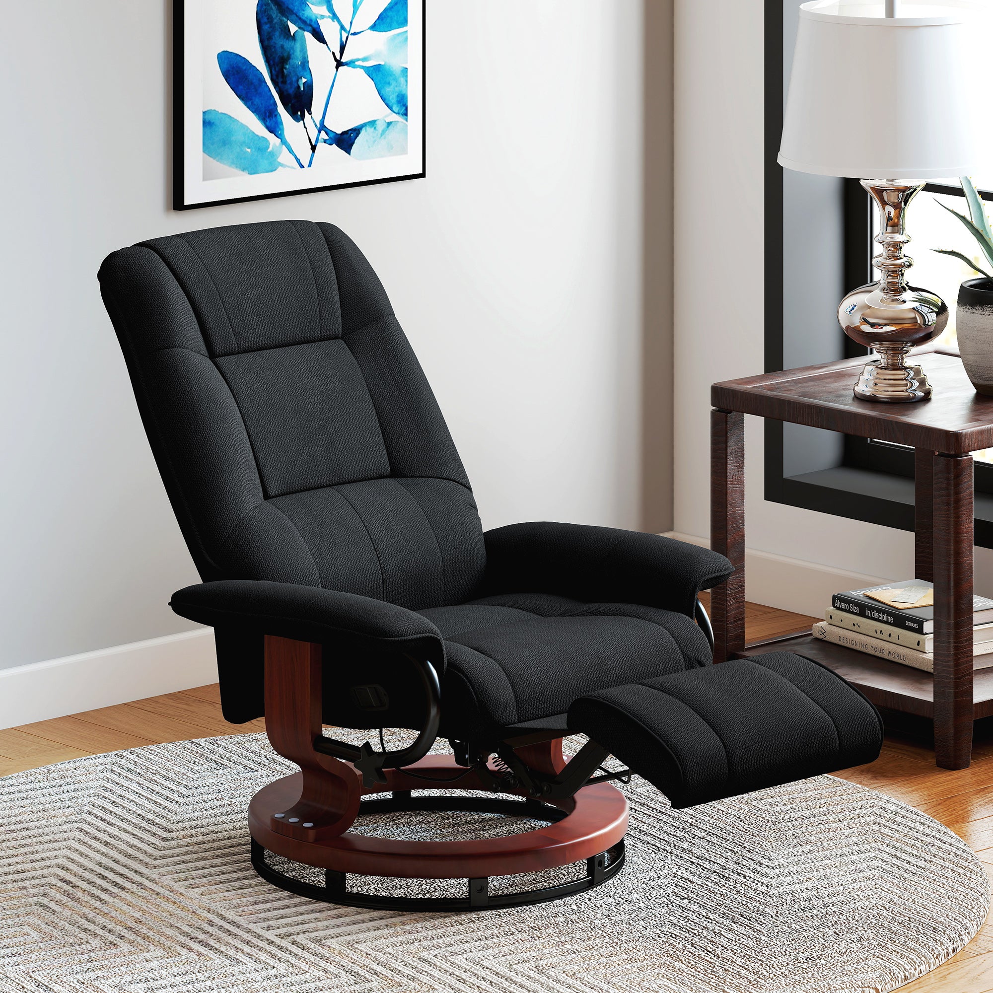 Kozy - Reclining Swivel Chair, with Footrest - Black