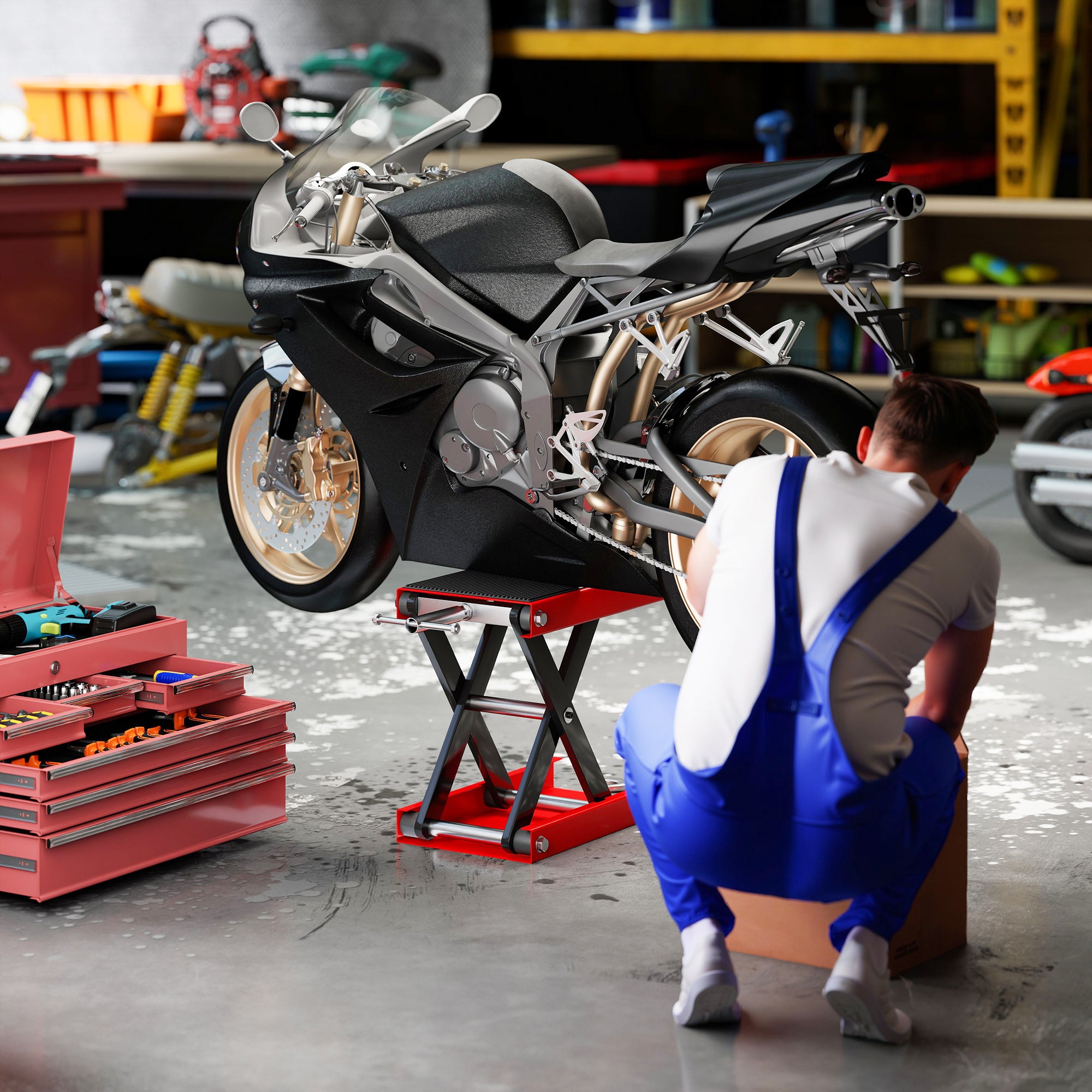 Kozy 500KG Motorcycle Lift Scissor Jack, Height Adjustable Motorbike Stand with Anti-Slip Wide Deck, Heavy Duty Steel Motorbike Repair Lift Hoist Stand for Home Garage, Red