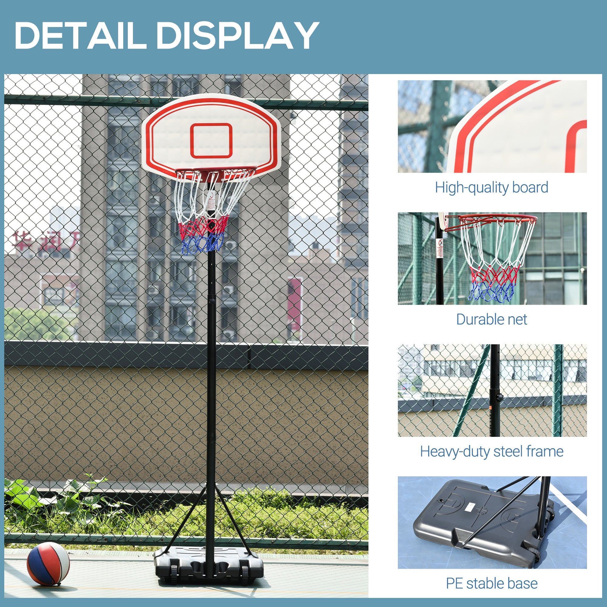 Kozy Portable Basketball Stand 175-215cm Adjustable Height Sturdy Rim Hoop w/ Large Wheels Stable Base Net Free Standing