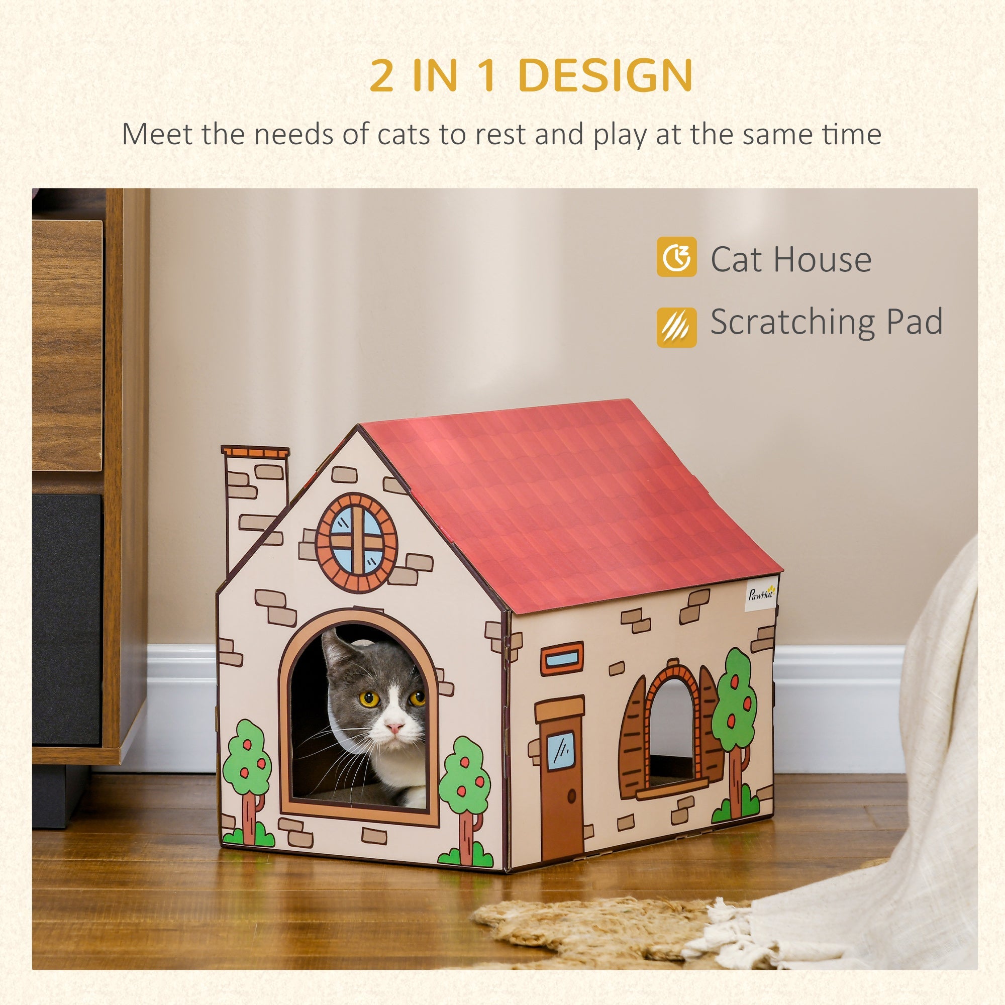 PawHut Two-In-One Cat House, Cat Scratching Board with Scratcher, Catnip, Cat Cardboard Scratcher for Indoor Cats | Aosom UK