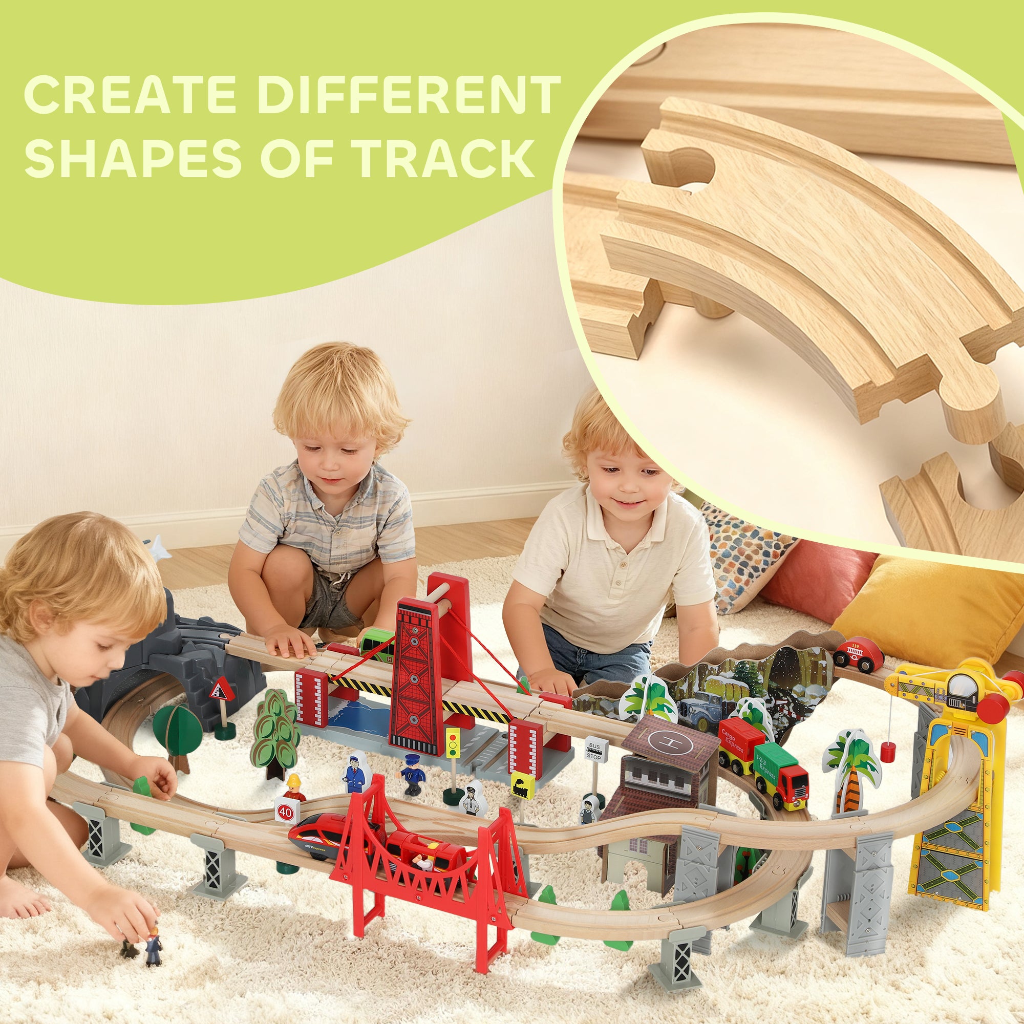 Kozy 100 Piece Wooden Train Set for Kids 3+ Years with Track, Crane, Battery Operated Train