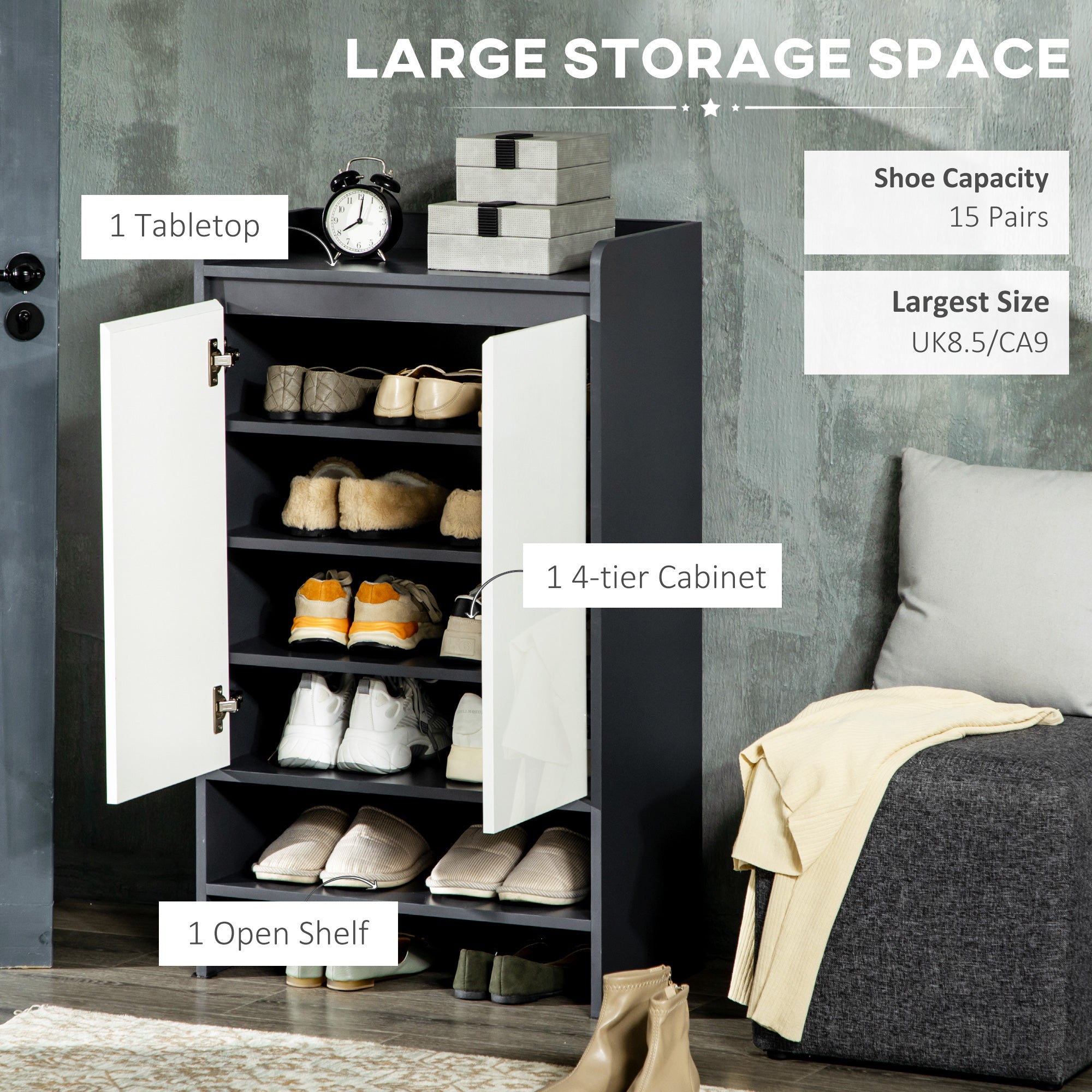 Kozy High Gloss Shoe Cabinet with White Doors and Open Shelves, Hallway Shoe Cupboard Storage Organiser for 15 Pairs of Shoes, Grey