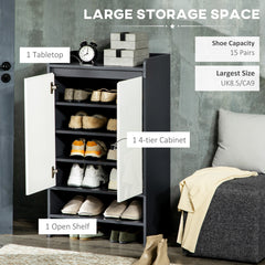 Kozy High Gloss Shoe Cabinet with White Doors and Open Shelves, Hallway Shoe Cupboard Storage Organiser for 15 Pairs of Shoes, Grey