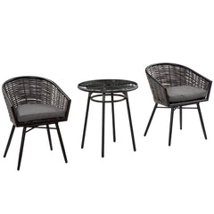 Kozy 3 Pieces Rattan Bistro Set, Wicker Garden Furniture Set with Round Glass Top Coffee Table and Chairs, Washable Cushions for Outdoor, Patio, Balcony, Grey