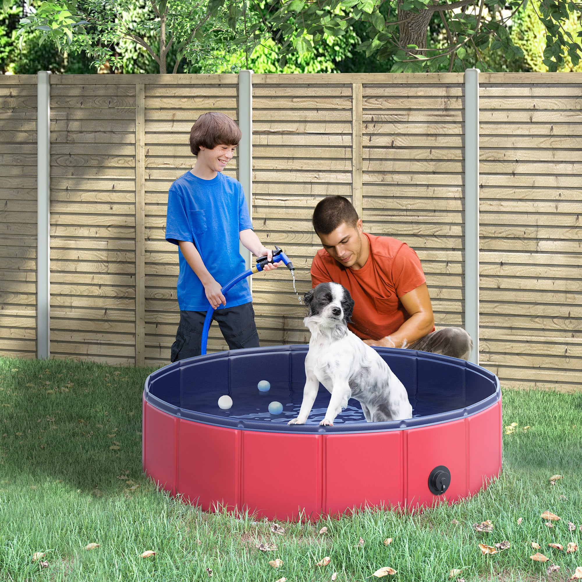 Kozy Foldable Dog Pool, 80 x 20 cm Pet Paddling Pool with Wood Board Support and Anti-Slip Bottom, Portable Doggy Paddling Pool for Garden and Outdoor Use, Red
