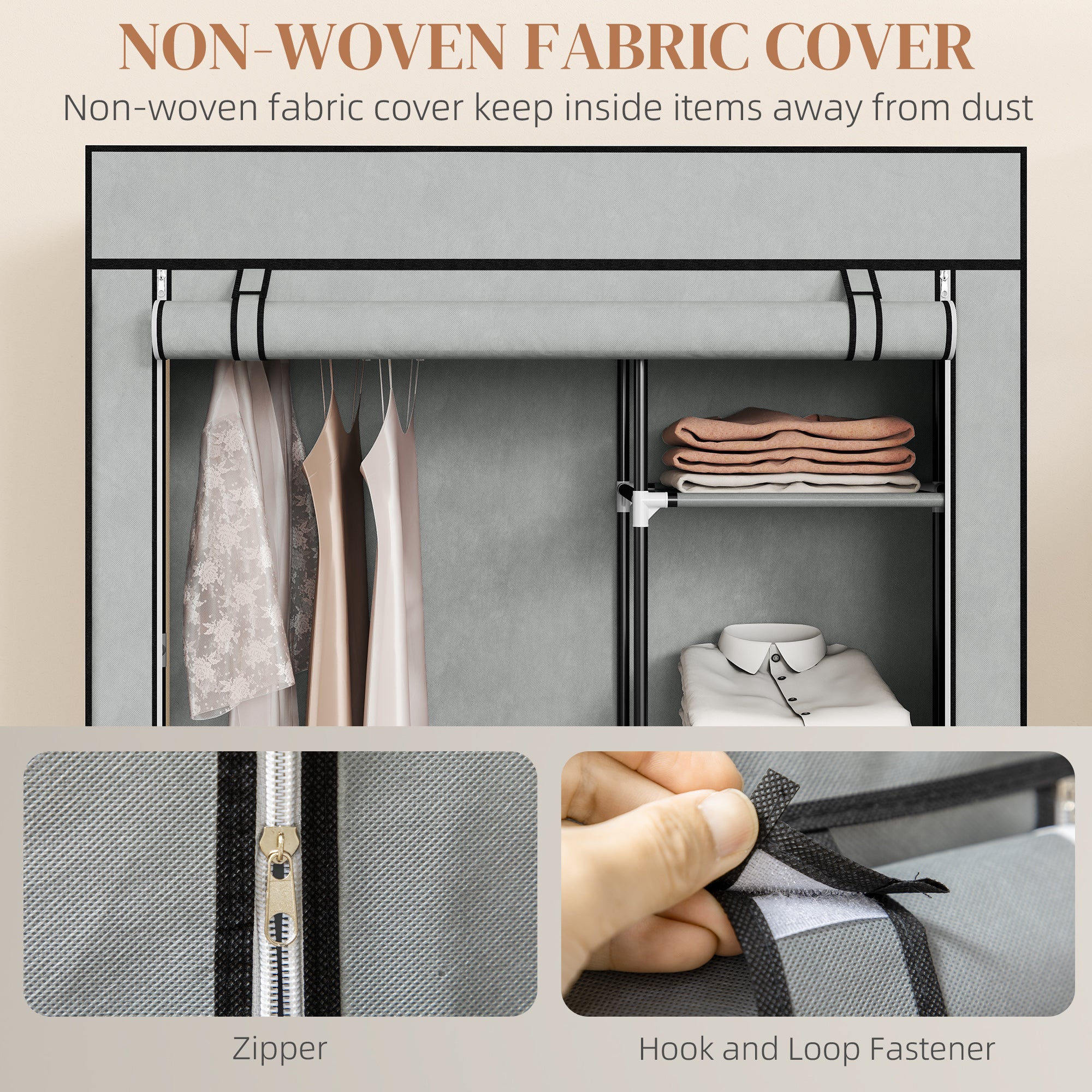 Kozy Fabric Wardrobe, Portable Wardrobe with 6 Shelves, 1 Hanging Rail, Foldable Closets, 103 x 43 x 162.5 cm, Light Grey