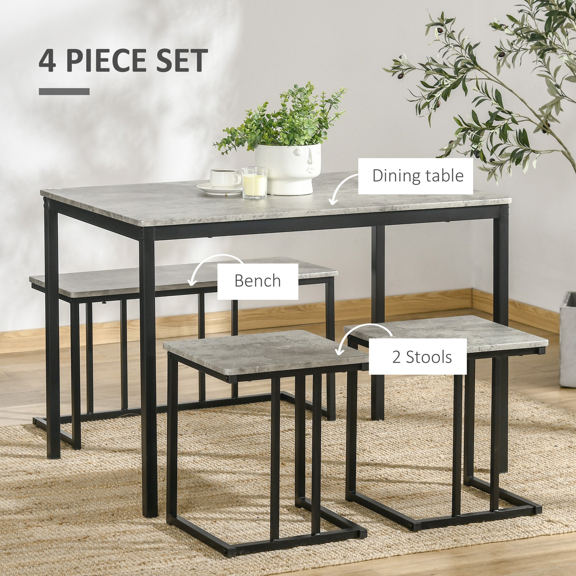 Kozy Dining Table and Chairs Set for 4 People, Concrete Effect Kitchen Table and Bench Set with Steel Frame, 4 Piece Dining Room Sets, Grey