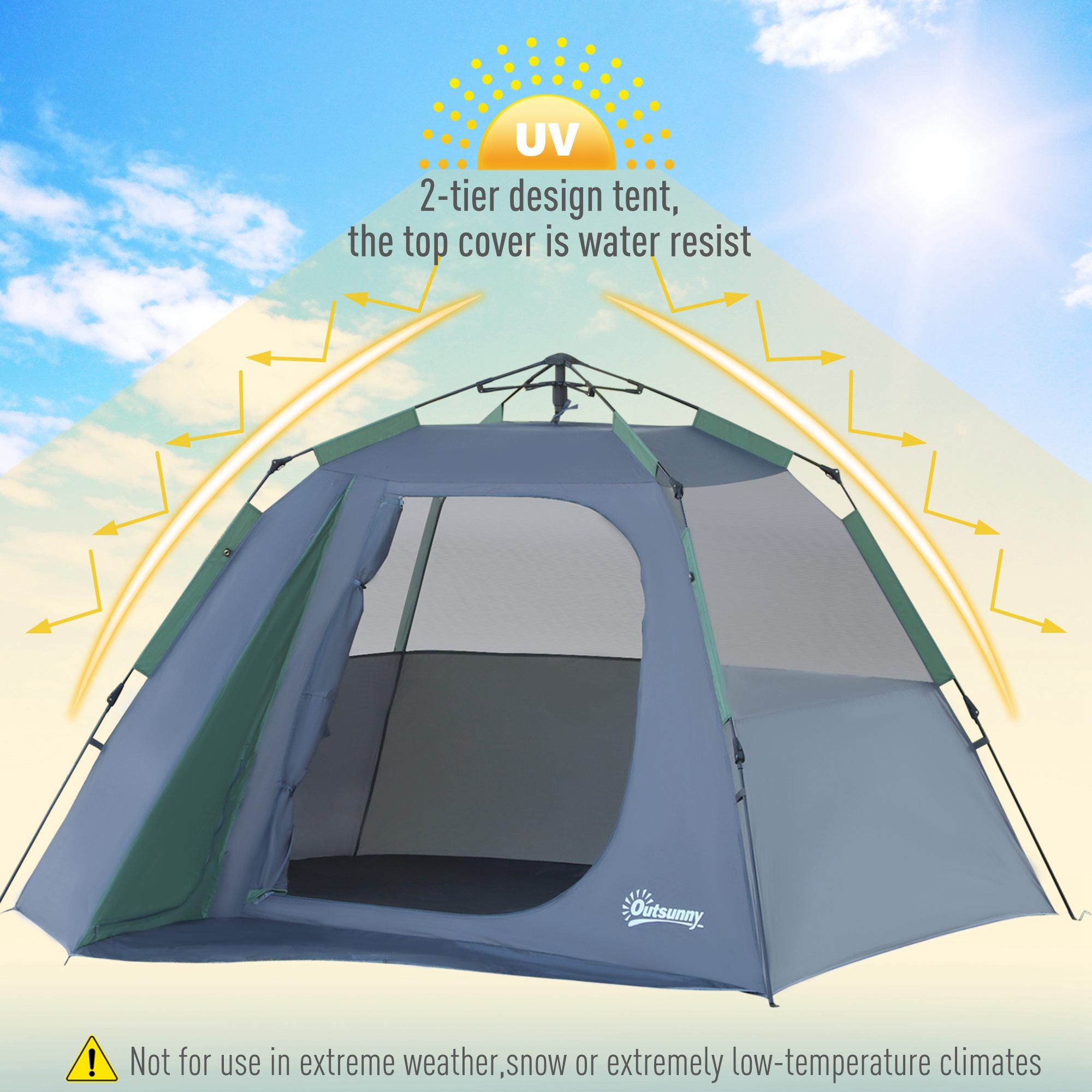 Outsunny Lightweight Camping Tent, 3/4 Person, Fibreglass Frame, Waterproof, Green