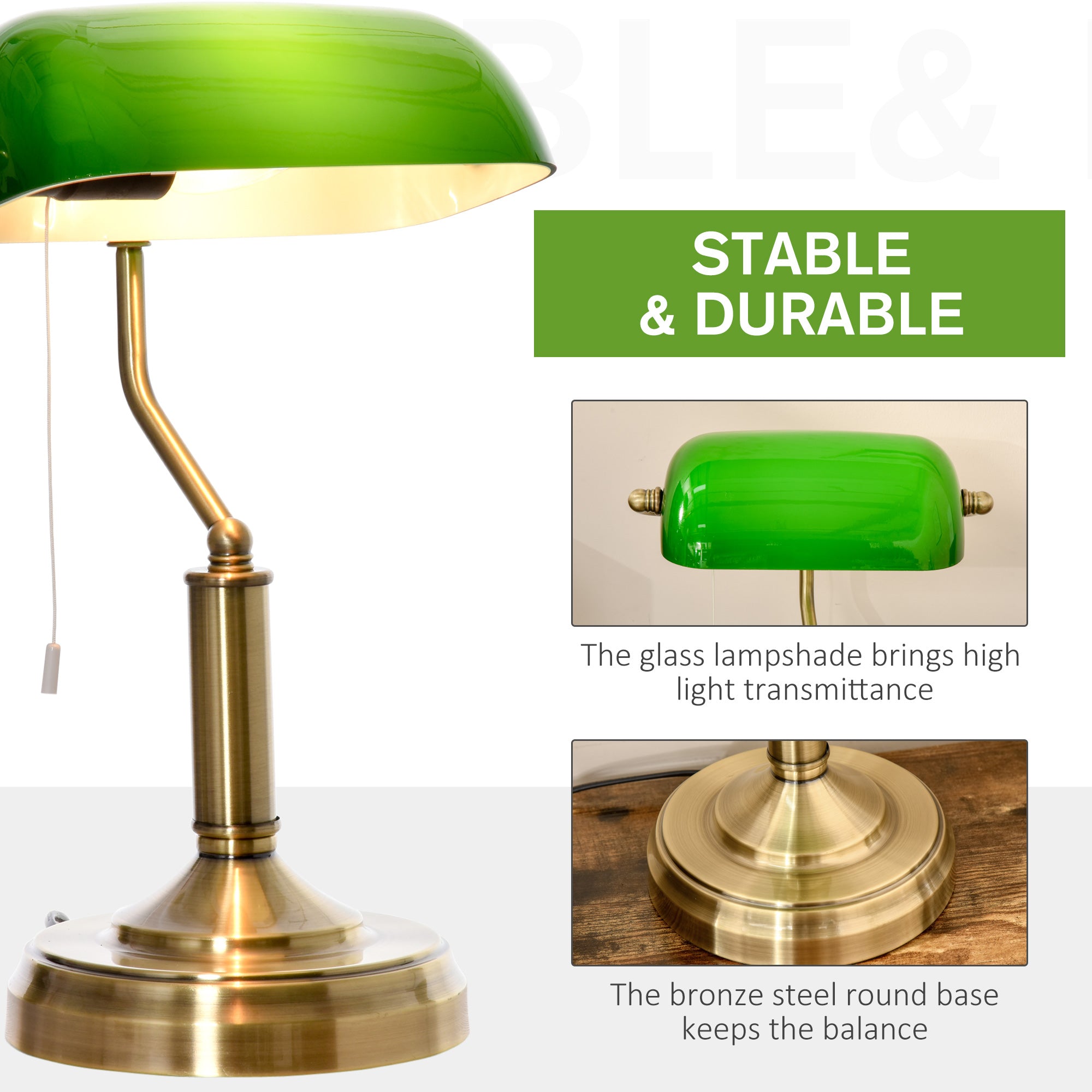 Kozy Banker's Desk Lamp with Antique Bronze Tone Base, Table Lamp with Green Glass Shade for Home Office, Green