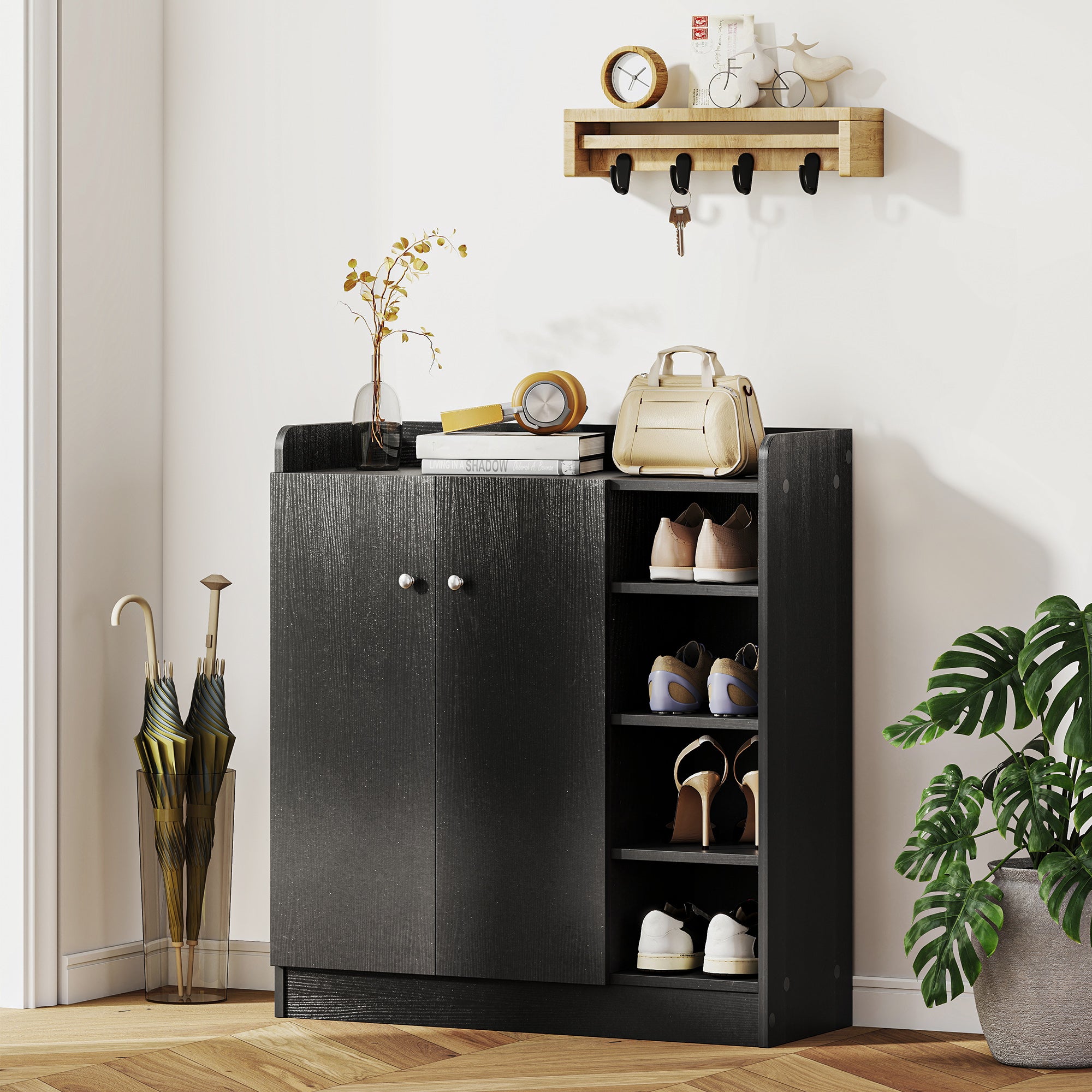 Kozy Shoe Storage Cabinet with Adjustable Shelves - Black