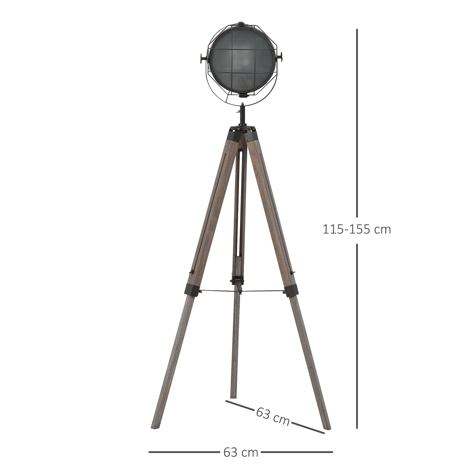 Kozy Floor Lamp with Adjustable Tripod for Living Room Bedroom, Vintage Spotlight Reading Lamp with Wood Legs, 115-155cm, Grey