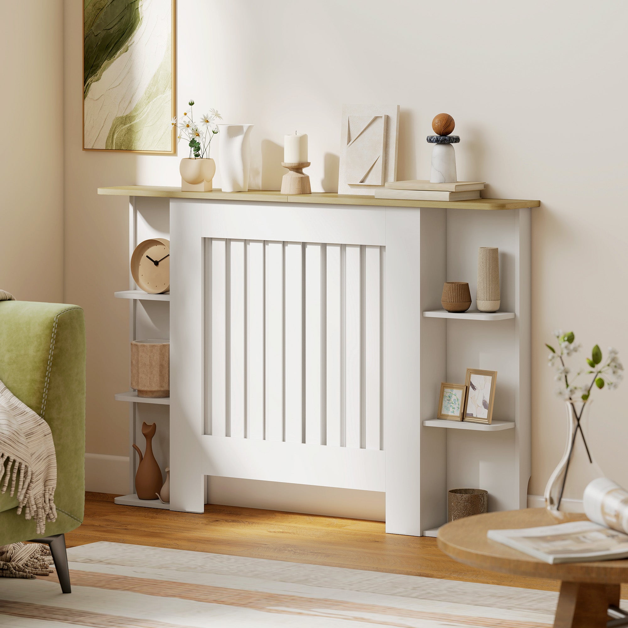 Kozy Radiator Cover with Open Storage Shelves, Vertical Slatted Cabinet Shelf Heater Cover for Living Room, Hallway, Medium, White (H: 83 / W: 124 / D: 19 cm)