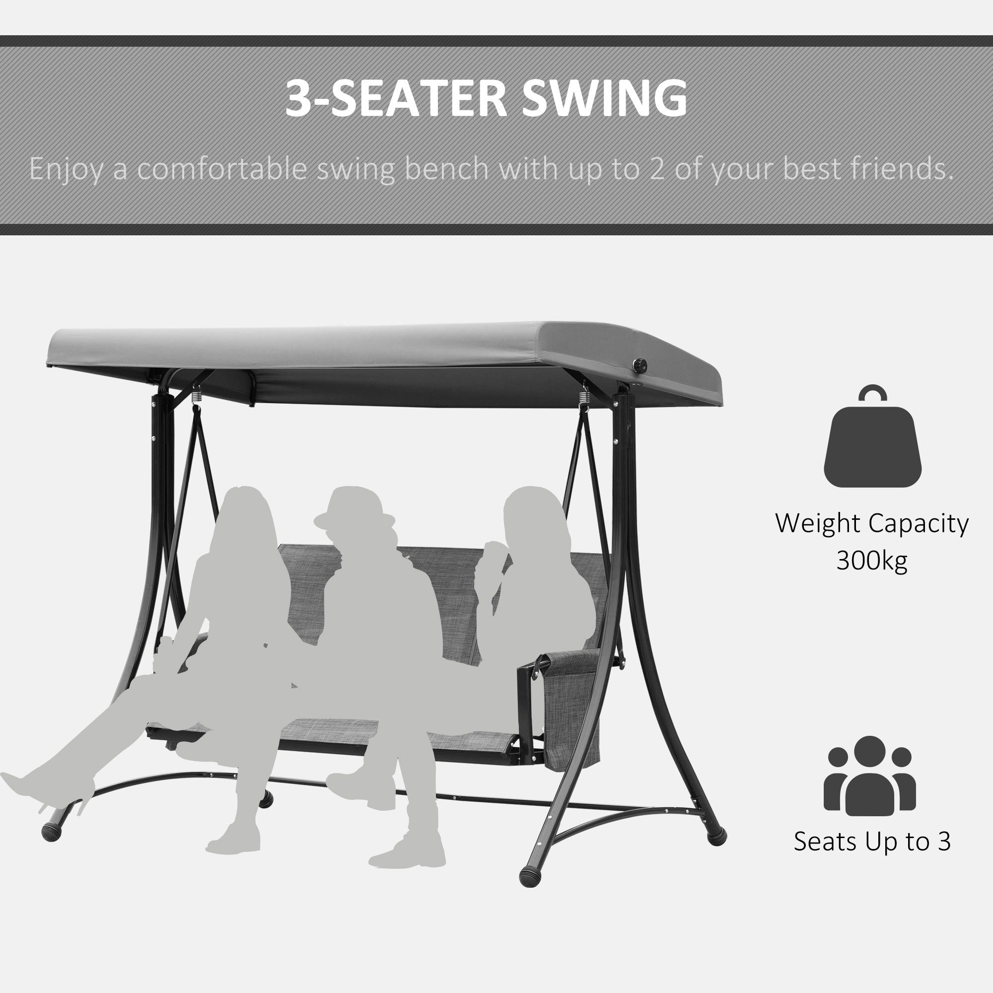 Kozy 3 Person Outdoor Patio Porch Swing Chair with High Back Design, Side Pouches and Adjustable Canopy, Charcoal Grey