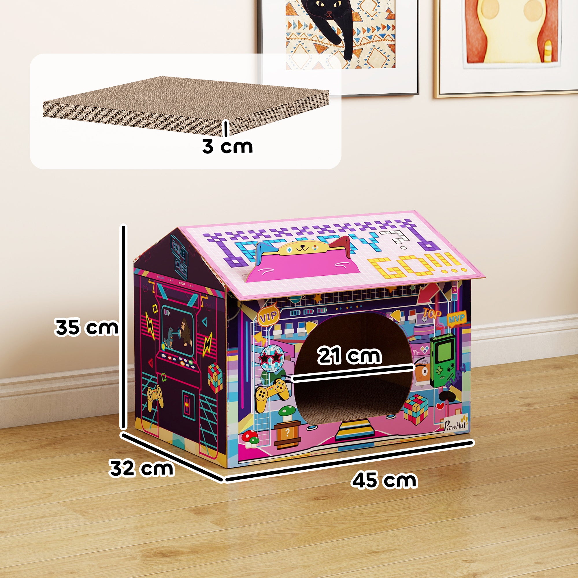 Kozy 2 in 1 Gaming Style Cardboard Cat House with Scratching Board & Catnip for Indoor Cats, Pink