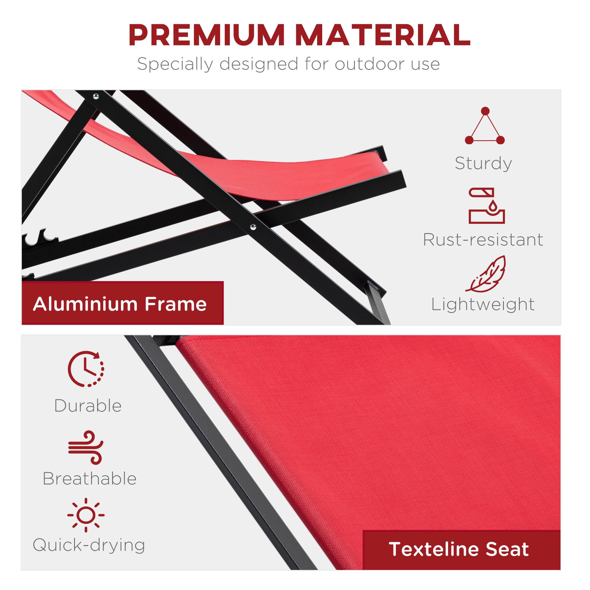 Kozy Set of 2 Folding Garden Beach Aluminium Frame Deck Chairs Deckchairs Seaside Folding Garden Patio Lounger, Red