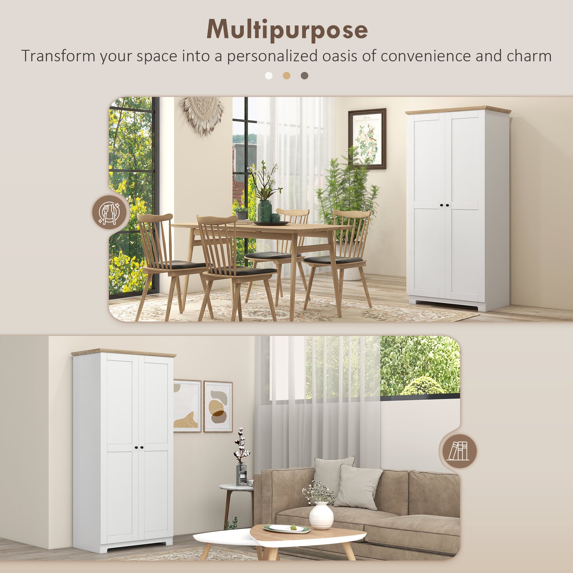 Kozy 172cm Kitchen Cupboard, Freestanding Storage Cabinet with Doors and Shelves, Modern 2-Door Kitchen Pantry Cupboard for Dining Room, White