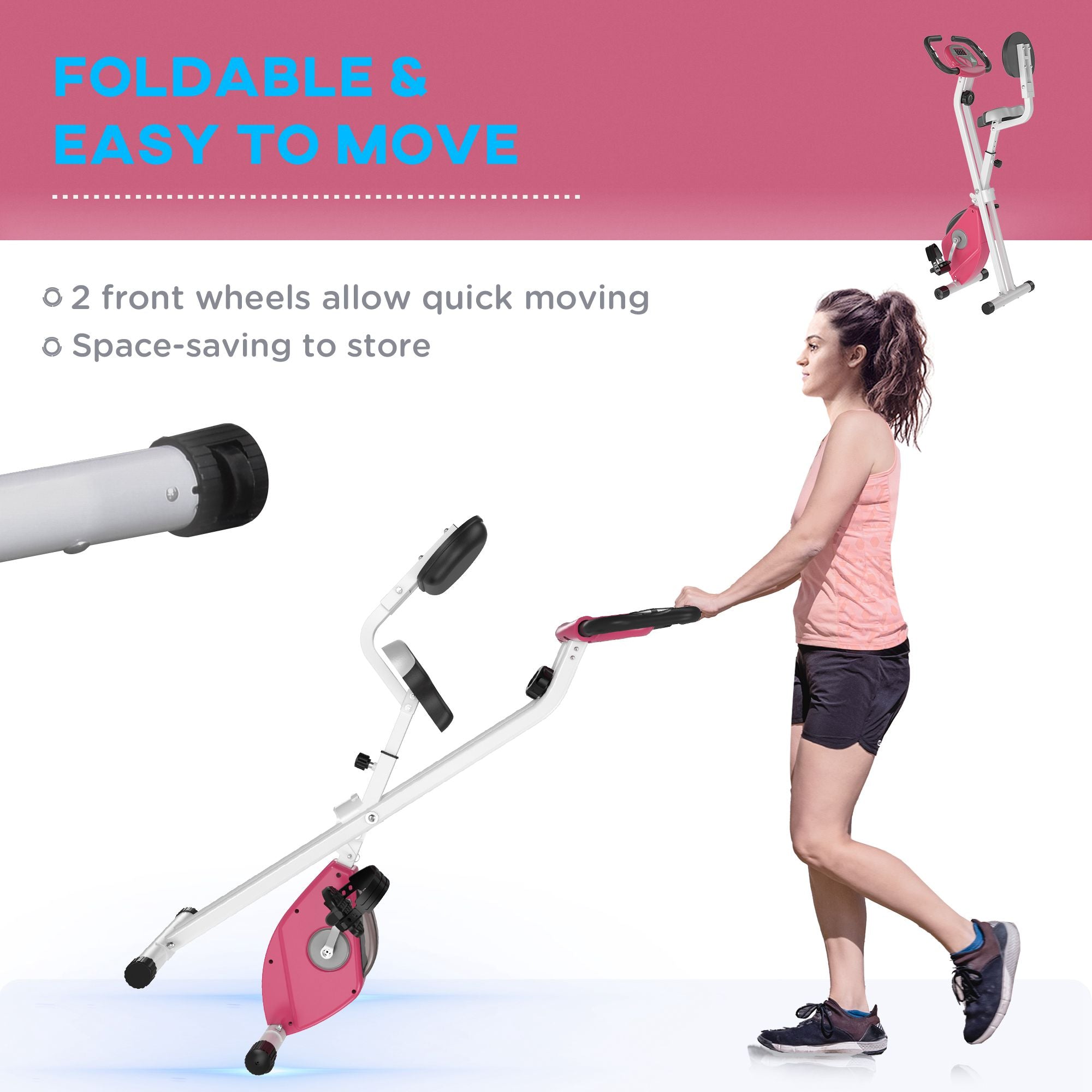 Kozy Folding Exercise Bike, Fitness Bicycle Indoor Trainer, 8-Level Magnetic Resistance Adjustable, with LCD Monitor, Pulse Sensor, Pink