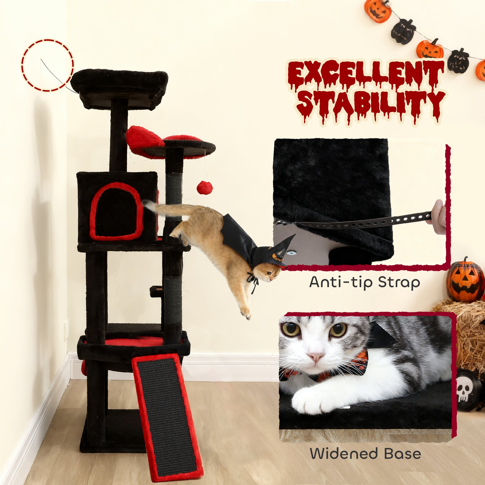Kozy - Gothic Cat Tree, 152 cm Multi-Level Cat Tower for Large Cats with Coffin Bed, Large Condo, for Halloween