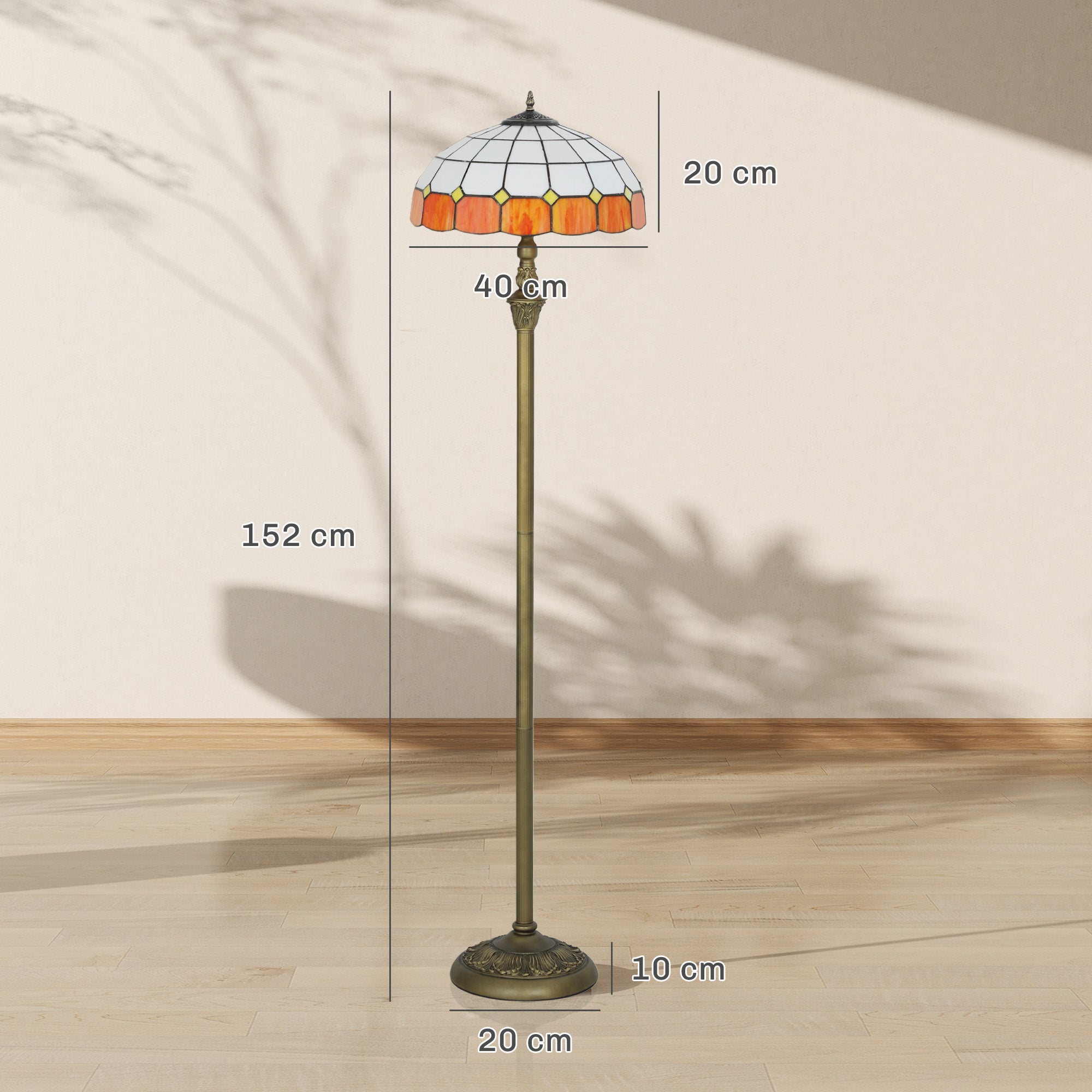 Kozy Tiffany-Style Floor Lamp with Handcrafted Stained Glass Shade, 152cm Tall Vintage Standing Lamp with Foot Switch and Dual Sockets for Living Room Bedroom, Bronze Tone and Orange