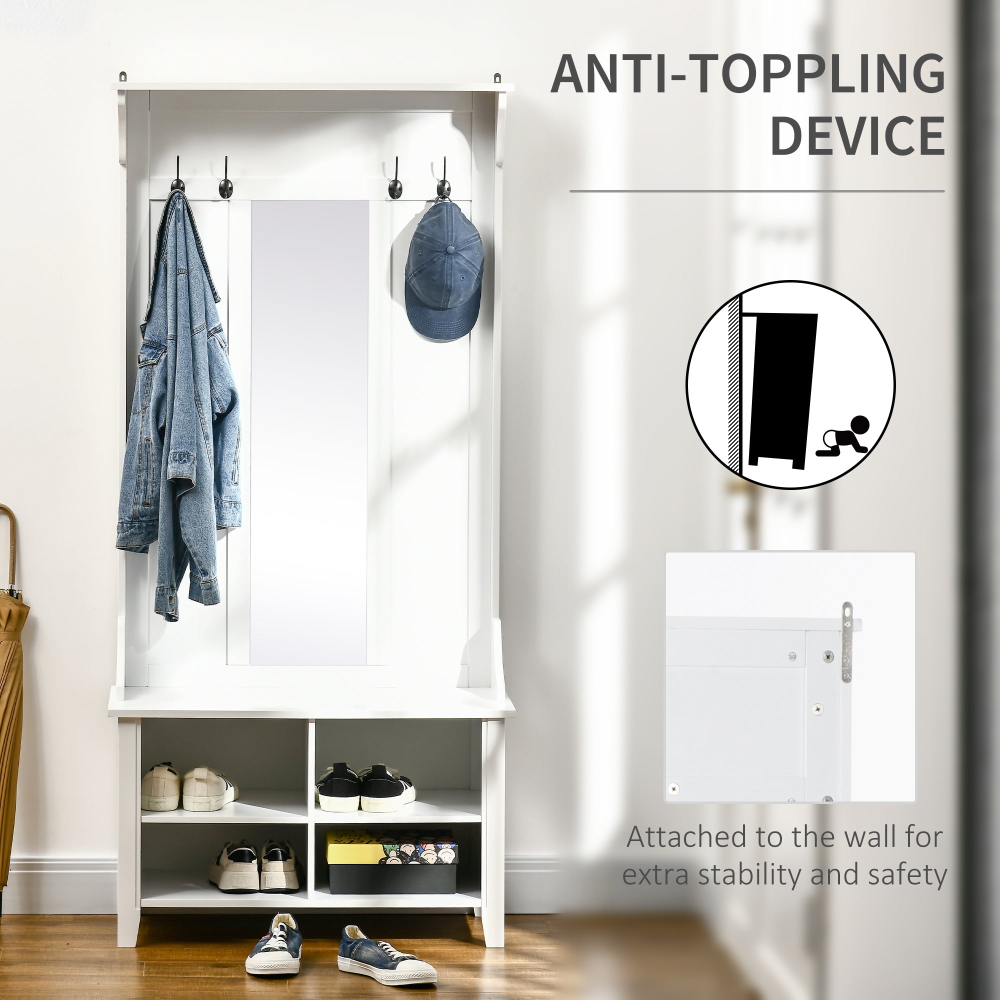 Kozy Hallway Furniture Set Shoe Bench Storage Mirror Cabinet Coat Rack Multiple Cubes Hangers Organiser Shelves w/ 4 Hooks