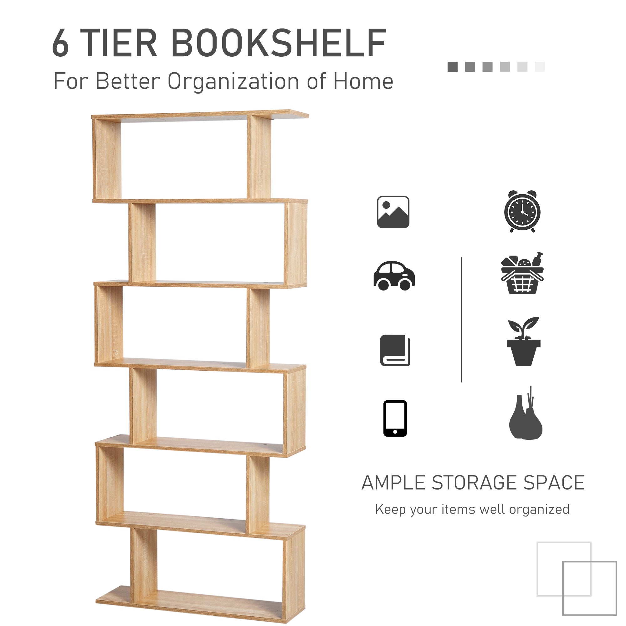 Kozy Bookcase, 6 Tier Shelf S Shaped Bookshelf, Storage Unit, Display Shelf for Living Room, Bedroom, Home Office, Plant, Oak