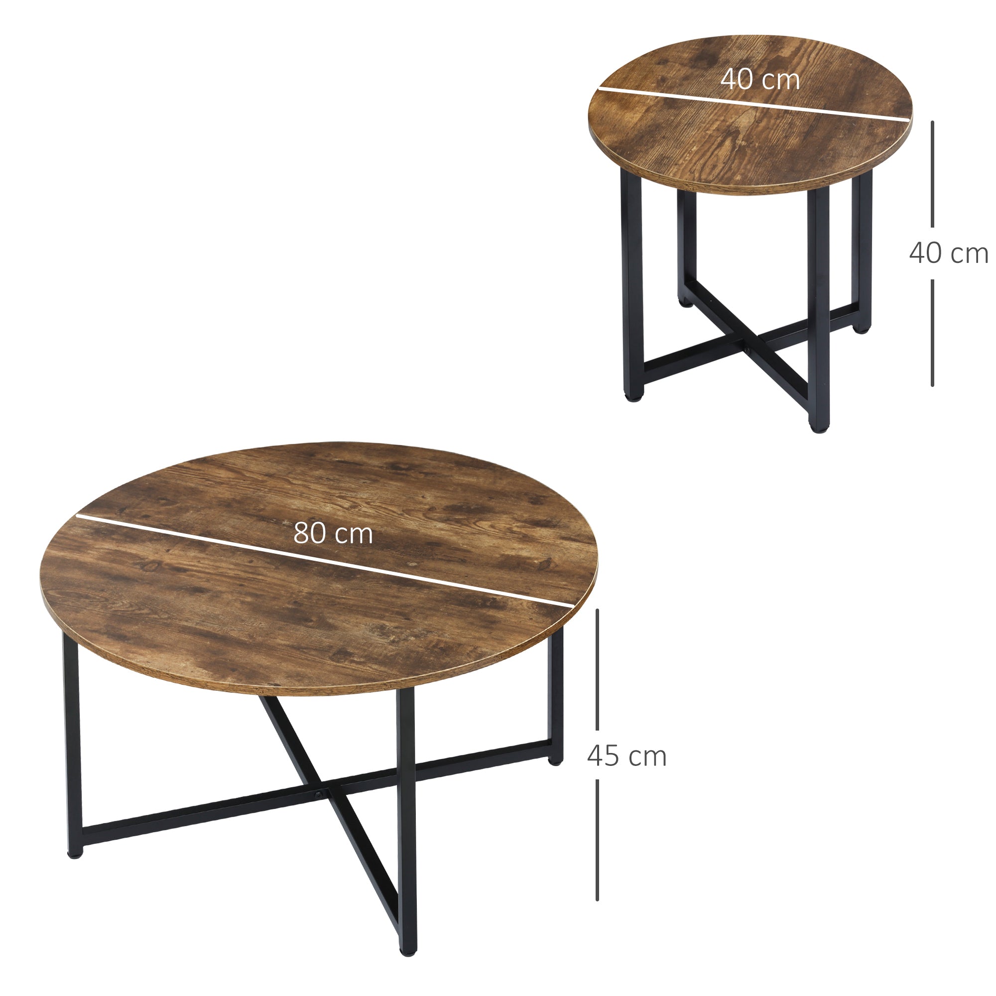 Kozy Round Coffee Table, Set of 2 Side Table with Metal Frame, Industrial End Table for Living Room Bedroom, Rustic Brown