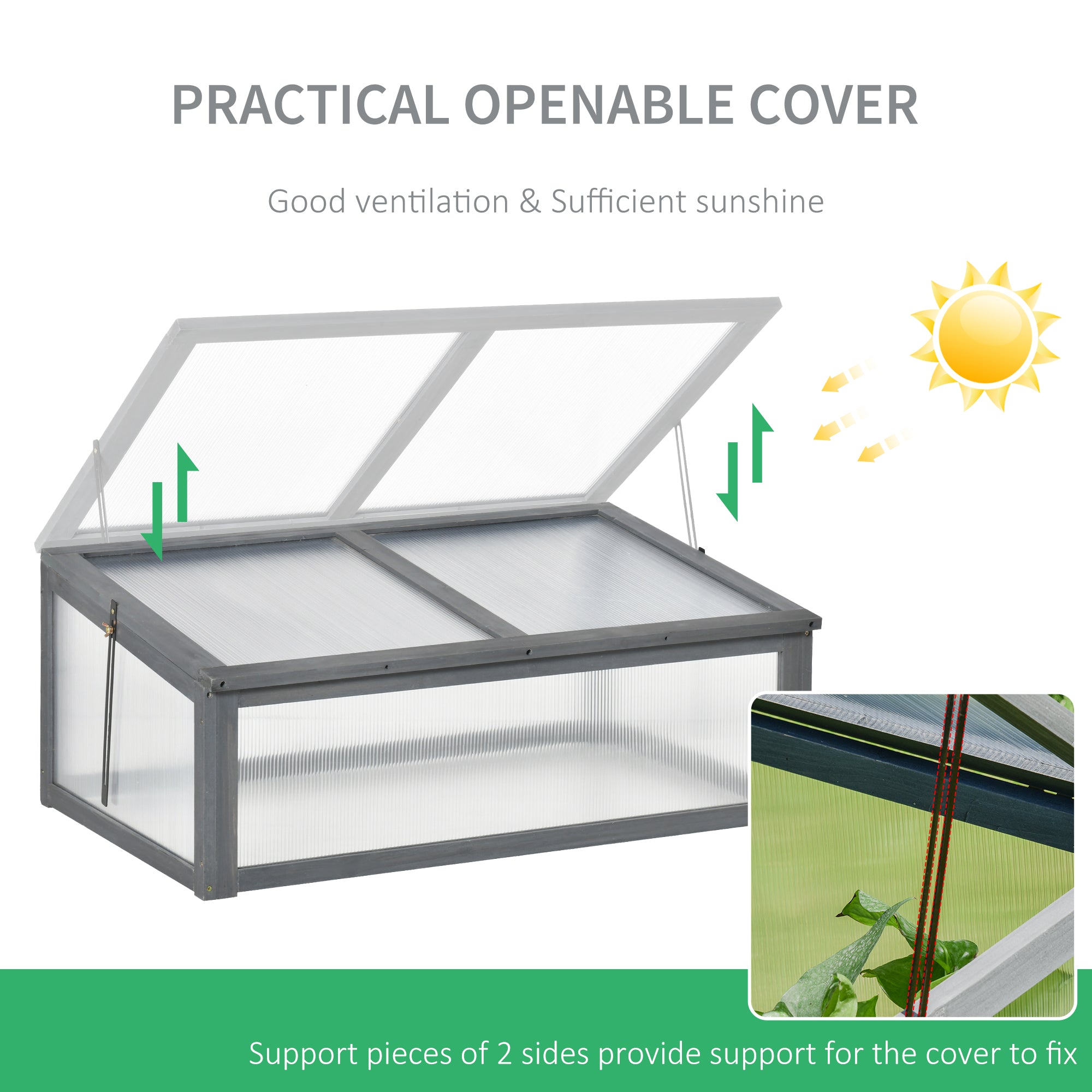 Kozy Wooden Cold Frame, Small Polycarbonate Greenhouse for Plants with Openable & Tilted Top Cover, Grey, 100 x 65 x 40cm