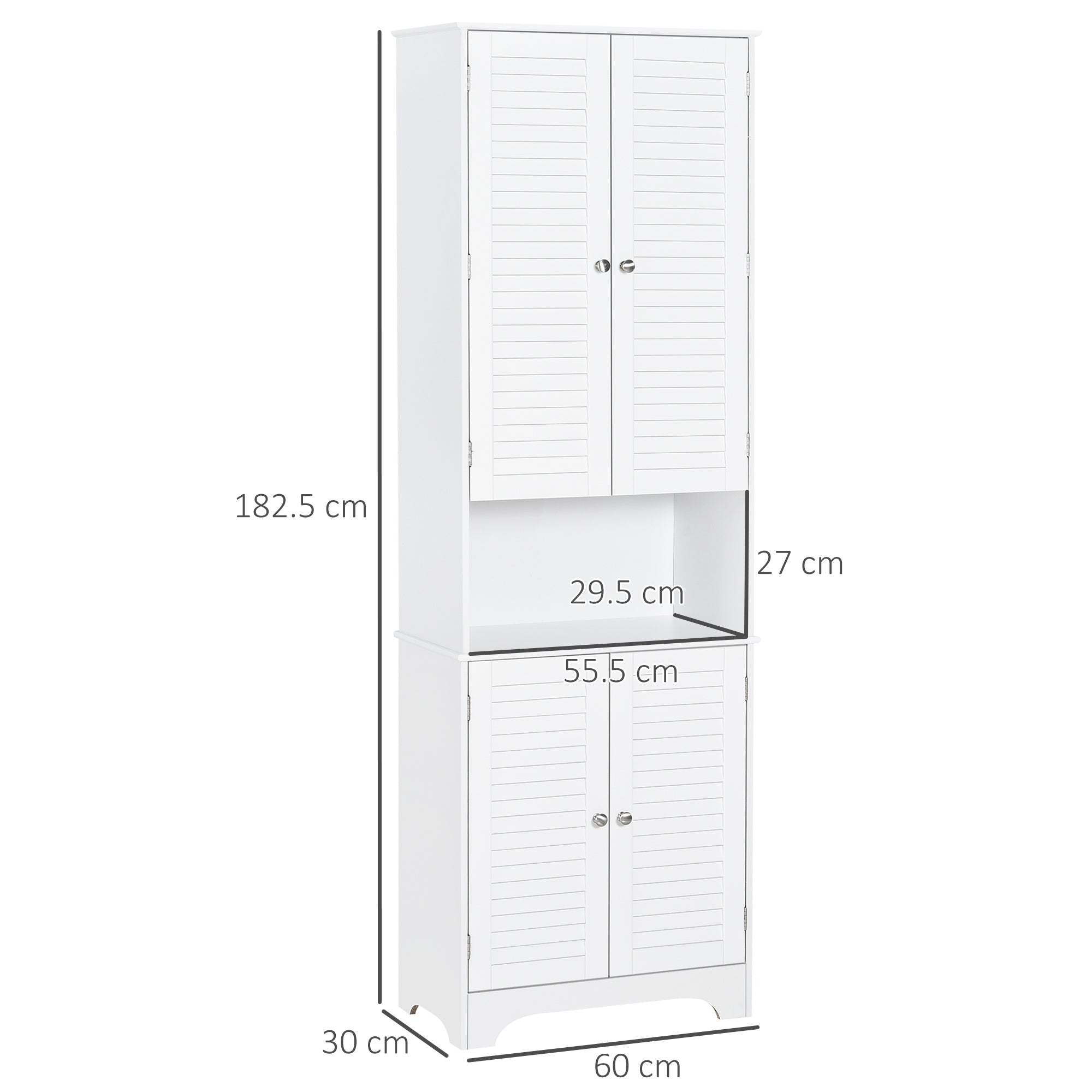 Kozy Tall Freestanding Bathroom Cabinet Retro Shutters w/ 3 Compartments Shelves Elevated Base Narrow Organiser White 60L x 30W x 182.5H cm