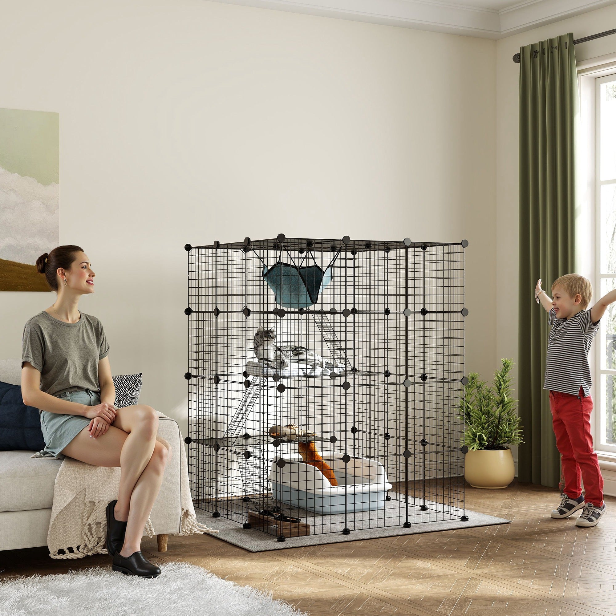 Kozy - Steel Wire Cat Cage Indoor with Hammock, Ramps, Doors, DIY Cat Enclosure for 1-3 Cats, Black