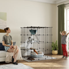Kozy - Steel Wire Cat Cage Indoor with Hammock, Ramps, Doors, DIY Cat Enclosure for 1-3 Cats, Black