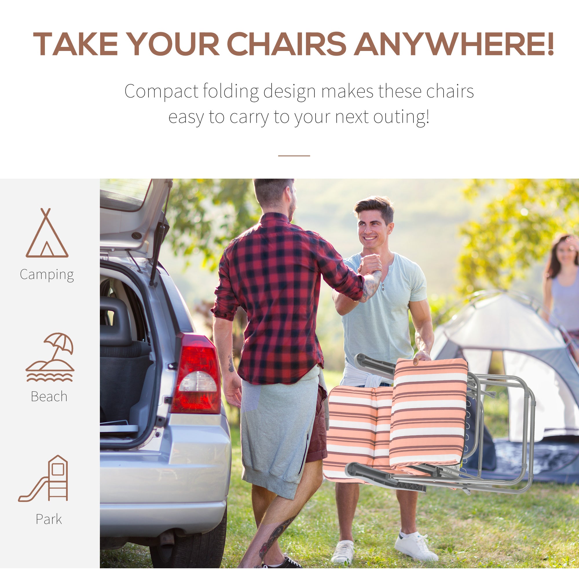 Kozy Reclining Garden Chair Set of 2, 5-Level Adjustable Zero Gravity Chairs with Cushions, Folding Sun Lounger Garden Recliner Chairs with Armrests for Outdoor, Patio, Orange Stripe